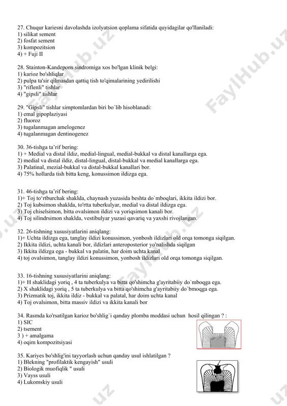 qo'shimcha g'ayritabiiy do`bmoqga ega. 3) prizmatik toj, ikkita ildiz - bukkal va palatal, har doim uchta kanal 4) toj ovalsimon, bitta massiv ildizi va ikkita kanali bor 34. rasmda ko'rsatilgan karioz bo'shlig`i qanday plomba moddasi uchun hosil qilingan ? : 1) sic 2) tsement 3 ) + amalgama 4) oqim kompozitsiyasi 35. kariyes bo'shlig'ini tayyorlash uchun qanday usul ishlatilgan ? 1) blekning "profilaktik kengayish" usuli 2) biologik muofiqlik " usuli 3) vayss usuli 4) lukomskiy usuli 36. suratdagi material qaysi plomba guruhiga tegishli? 1) kompomer 2) kimyoviy qo'zg'aluvchan kompozitsion . 3) + yorug'lik bilan qattiqlashuvchi kompozit . 4) gibrid shisha ionomer tsement . 37. plomba materialining nomi, guruhi va ijobiy xususiyatlari: 1)+ megacem, shisha ionomer tsement, kariyesga qarshi, biologik tish to'qimalari bilan muvofiqligi. 2) megacem, silikat tsement, tish emaliga o'xshashdir, mexanik kuch. 3) megacem, sink fosfat tsement, antikaries ta'siri, pulpa uchun zararsiz. 4) megacem, shisha ionomer tsement, past issiqlik o'tkazuvchanligi, …