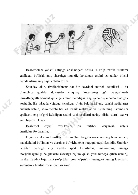 ida malaka va ularni bajarish usullari bor. malakani bajarishning deyarli har bir usuli harakat tuzilishining ayrim detallarini (ko’rsatkichlarini) ochib beradigan bir necha ko’rinishga ega. bundan tashqari, usulning dinamik strukturasiga, o’yinchining harakatini, dastlabki holatini, yo’nalishi va masofasini aniqlaydigan bajarish shartlari ta’sir ko’rsatadi. tavsiya qilinayotgan tasnifda fintlarga mustaqil joy ajratilmaydi, chunki fint – bu aniq usulning faqat bir qismini (masalan, to’pni uzatib berishda qo’l ko’tarish), (savatga otish paytida mo’ljallash), raqibda xato reaksiya tug’dirish maqsadi (niyati) bilan o’yinchi qulay holatga erishishdir. to'pni ushlab olish. o'yinchi to'pga qarshi chiqib, yengil uchib kelayotgan to'pni iyagi darajasida ushlab olish oson kechadi. buning uchun to'pga tomon xohlagan oyoq bilan oldinga bir qadam qo'yish lozim, qo'llarni to'pga to'g'ri va zo'riqtirmay, barmoqlar keng yozilgan holda uzatiladi. bu paytda katta barmoqlar bir-biriga 3—5 sm gacha yaqinlashtirilib yo'naltiriladi va cho'ziladi. to'p qo'l barmoqlariga tegishi bilanoq, yengil bukiladi va amortizatsiya harakati bilan to'p ko'krakka olib kelinadi. yuqoridan uchib kelayotgan to'pni ushlab olish …