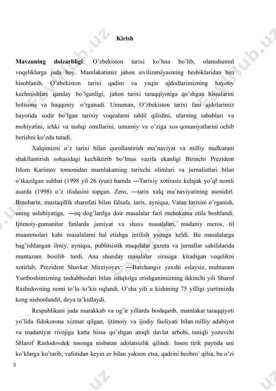 ing naqadar buyuk ne’mat ekanligini, uning ahamiyati va mohiyatini, qadr-qimmatini yanada teran anglab etishimiz, uni har qanday yovuz kuchlardan himoya qilishga doimo tayyor turishimiz shartligini, sobiq sovetlar hududining ba’zi o’lkalarida eski tuzumni yana qaytarishga urinishlar bo’layotgan hozirgi paytda bu achchiq haqiqatni hech qachon unutmasligimiz, mustaqillikning qadriga etishimiz zarurligini unutmasligimiz lozim. tariximiz, eng avvalo o’tgan buyuk siymolar xalq orasidan chiqqan shu omma taqdiri bilan hamnafas ajdodlarimiz hayot yo’lida, ularning vatan oldidagi benazir xizmatlarida yaqqol namoyon bo’ladi. ana shu buyuk zotlarimizning bebaho merosi hamisha boshimizni baland, qaddimizni tik qiladi, o’zbek millatining kelajagi buyuk davlat qurishda jahon ayvonida turib, o’z iymoni, e’tiqodlari, ma’naviy ruhlari bilan qo’llab-quvvatlab, olg’a etaklaydi. mustaqillik bergan buyuk ne’matlardan biri ham shundaki, millatimizni o’tmishi kamida uch ming yilga borib taqaladigan haqqoniy tarix bilan qurollantirish hamda uzoq va yaqin o’tmishda yashab o’tgan buyuk zotlarimizni hotirlab, ularning hurmatini bajo keltirish imkoniyatini berdi. bu esa, yoshlarni ajdodlarga munosib avlodlar ruhida tarbiyalashda muhim ahamiyat …