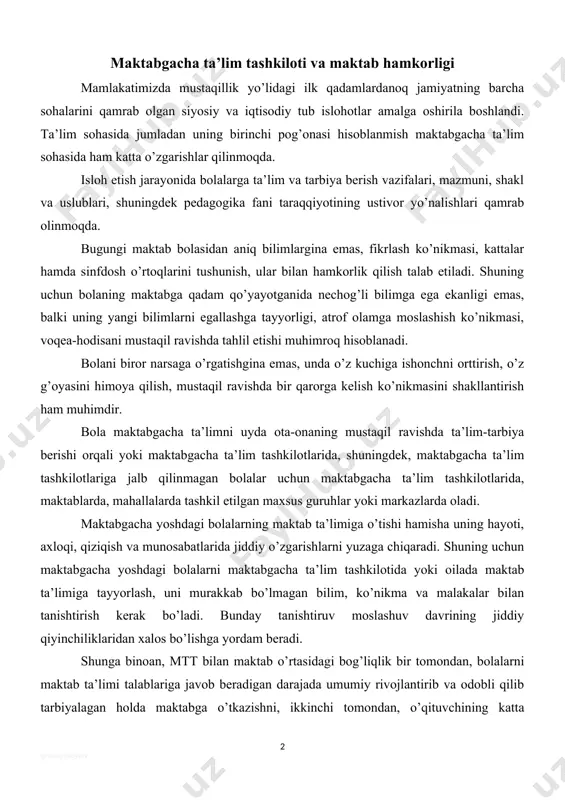 bunday tanishtiruv moslashuv davrining jiddiy qiyinchiliklaridan xalos bo’lishga yordam beradi. shunga binoan, mtt bilan maktab o’rtasidagi bog’liqlik bir tomondan, bolalarni maktab ta’limi talablariga javob beradigan darajada umumiy rivojlantirib va odobli qilib tarbiyalagan holda maktabga o’tkazishni, ikkinchi tomondan, o’qituvchining katta maktabgacha yoshdagi bolalarning egallagan bilim, malaka sifatlariga va tajribalariga tayanib, ulardan o’quv-tarbiyaviy jarayonda samarali foydalanishni taqozo etadi. mtt bilan maktab o’rtasidagi uzviy bog’liqlik katta maktabgacha yoshdagi bolalar va maktabning boshlang’ich sinf o’quvchilariga ta’lim-tarbiya berish sharoitini yakinlashtirishga yordam beradi. shunday ish tutilganda bolalarning maktab sharoitiga moslashishi ancha yengillik bilan o’tadi. bolalar maktab sharoitiga tabiiy moslashib ketadilar, bu esa o’z navbatida maktabda o’qishning birinchi kunidan boshlab ta’lim-tarbiya ishining samarasini oshiradi. zero, maktabgacha ta’lim tashkiloti xodimlari birinchi sinfda bolalar oldiga qo’yiladigan talablarni yaxshi bilishlari, maktabga tayyorlov guruhidagi bolalarni shunga muvofiq ravishda ta’lim olishga tayyorlashlari kerak. maktab bilan mtt o’rtasidagi uzviy aloqa murakkab va ko’p tomonlama tuzilishga ega. unda ta’lim-tarbiyaviy ishlarning mazmuni, metod va usullari, …