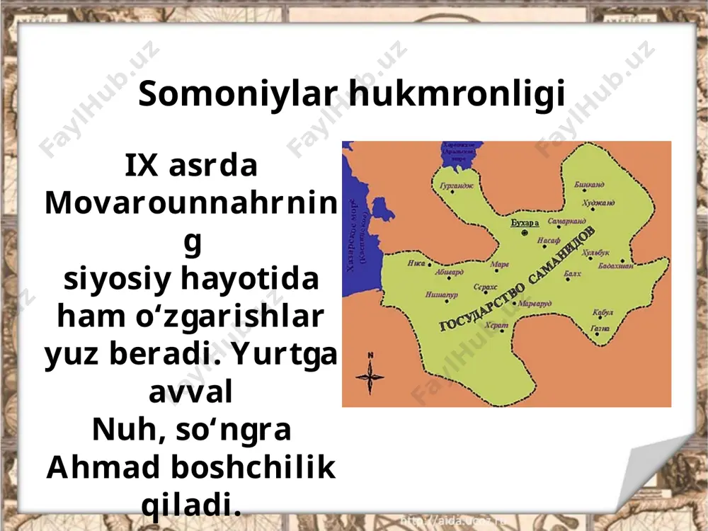 uritilar edi. bunday unvon somoniylar saroyidagi oliy unvon hisoblanardi. savol va topshiriqlar: 1. somoniylar qanday qilib arab xalifaligidan mustaqil bo‘ladi? 2. qachondan boshlab movarounnahrning deyarli barcha viloyatlari somoniylar tasarrufiga o‘tadi? 3. ismoil somoniy hokimiyatga qay tariqa keldi? 4. ayting-chi, nega movarounnahrning mustaqillikka intilishi arab xalifaligiga yoqmagan? 5. nima sababdan safforiylar bilan somoniylar o‘rtasida urush kelib chiqdi? image2.jpeg image3.jpeg image4.jpeg image5.jpeg image6.jpeg image7.jpeg image8.jpeg image9.jpeg image10.jpeg image11.jpeg image12.jpeg image13.jpeg image14.jpg image15.jpeg image16.jpeg image17.jpeg image18.jpeg image1.jpeg /docprops/thumbnail.jpeg