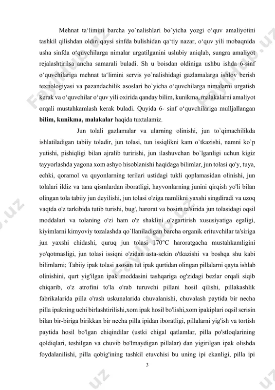 ni to'la o'rab turuvchi pillani hosil qilishi, pillakashlik fabrikalarida pilla o'rash uskunalarida chuvalanishi, chuvalash paytida bir necha pilla ipakning uchi birlashtirilishi,xom ipak hosil bo'lishi,xom ipakiplari oqsil serisin bilan bir-biriga birikkan bir necha pilla ipidan iboratligi, pillalarni yig'ish va tortish paytida hosil bo'lgan chiqindilar (ustki chigal qatlamlar, pilla po'stloqlarining qoldiqlari, teshilgan va chuvib bo'lmaydigan pillalar) dan yigirilgan ipak olishda foydalanilishi, pilla qobig'ining tashkil etuvchisi bu uning ipi ekanligi, pilla ipi qurtining ichki bezlaridan o'ng va chap yonlaridan ikkita alohida-alohida fibroin ishlab chiqilib, qurtning lab qismiga kelganda ikki fibroin serisin moddasi bilan bir-biriga yopishishida pilla ipi hosil bo'lishi, pilla iplarini mikroskop yordamida tekshirib ko'rilsa, yondosh ikki ipak tolasi va notekis serisin qatlami ko'rinadi hamda kichik tomonlari juftlashtirilgan, uchlari yumoloqlangan ikkita uchburchakni yoki eng tor qismi bo'yiclia ko'ndalangiga ikkita teng bo'lakka bo'lingan noto'g'ri ellipsni eslatishi haqida bilimlar bilan tanishadi. shuningdek, tabiiy ipakning kimyoviy tarkibi asosan fibroin (75—80 foiz) va seritsin (20—25 foiz) moddalardan …