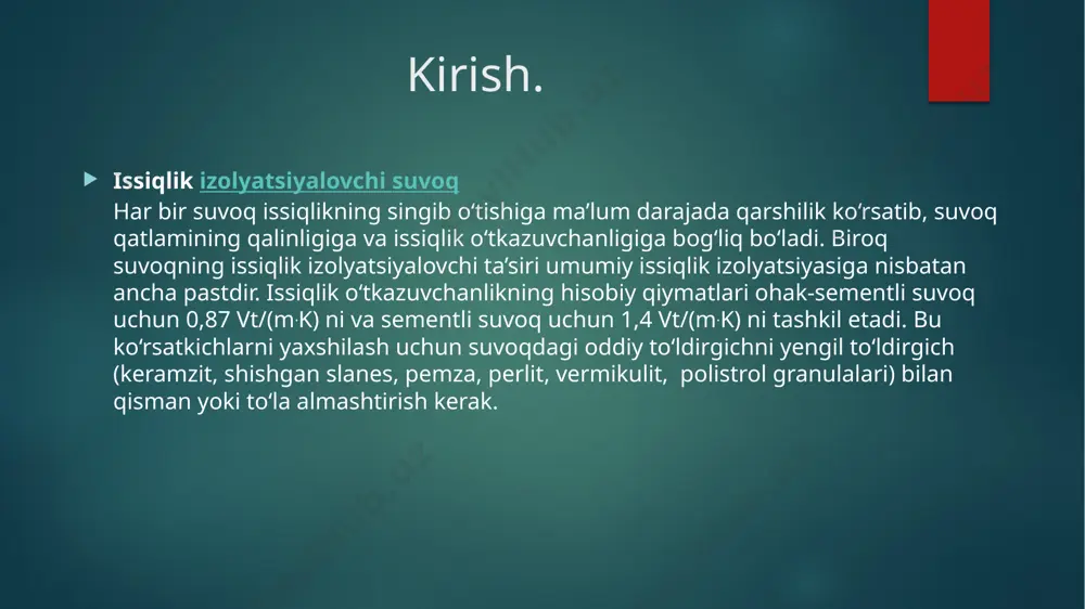 rmikulit qo'shilgan suvoq ko'p vazifali qurilish materiali bo'lib, u nafaqat sirtni tekislaydi, balki issiqlik izolatsiyasini, ovozni yutish va yong'inga chidamliligini oshiradi. vermikulit fraksiyasini tanlash qo'llash maqsadiga bog'liq, ammo mustahkam va silliq sirt talab qilinadigan hollarda m-150 markali vermikulit ishlatiladi. ushbu sinf aralashmaning mustahkamligi va porozligi o'rtasidagi optimal muvozanatni ta'minlaydi, shuningdek, oson o'rnatish va yoriqlarga qarshilik ko'rsatadi. natijada, vermikulitli suvoq funktsional materialga aylanadi, bu esa uni tugatish ishlarida mashhur qiladi. xulosa: men shuni xulosa qilib aytamanki xozirgi kunda vermikulitli suvoqdan keng foydalanilmoqda.bunga sabab vermikulitli suvoqlar issiqlik va tovushdan izolyatsiyalaydi.bundan tashqari vermikulit yonmaydigan material bo’lganligi uchun uni suvoqga qo’shganda u binoni yong’indan ximoyalaydi.vermikulitli suvoqlar boshqa sement asosli suvoqlardan yengil bo’lganligi tufayli u binoni yengillashtiradi hamda poydevorga tushadigan yukni kamaytiradi. foydalanilgan adabiyotlar ro’yxati. https://dzen.ru/a/zwyz7brcy2fpdg0c 2. http://prorab.uz/board/print2257-22062.html 3. https://spbsluda.ru/vermikulit/vermikulit-v-stroitelstve/zasypnaya-teploizolyatsiya/ 4. https://en.m.wikipedia.org/wiki/file:vermiculiteusgov.jpg image6.png image7.jpg image8.jpg image9.jpeg image10.jpeg image11.jpeg image2.png image3.png image4.png image5.png /docprops/thumbnail.jpeg