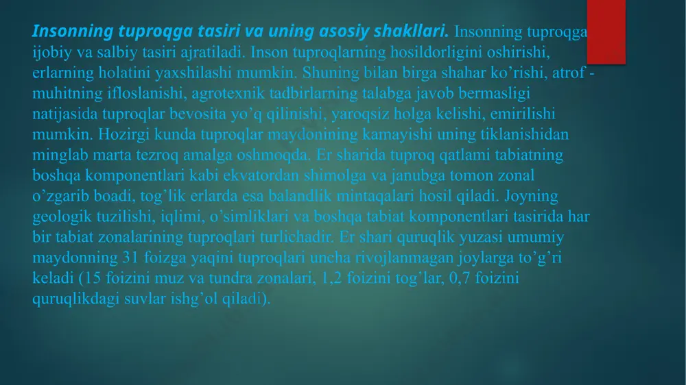 lar egallaydi. dexqonchiliqda foydalanish darajasi jixatidan qizil tuproqli subtropik zona (13 %)- ikkinchi o’rinni; kashtan hamda qo’ng’ir tuproqli cho’llar zonasi (7 %) esa uchinchi o’rinni; issiq mintaqada joylashgan bo’z tuproqli cho’l zonasi (2 %) va qizil qo’ng’ir tuproqli savanna (2 %)- to’rtinchi o’rinni egallaydi. tabiiy sharoitni noqulayligi tufayli tundra zonasidagi dexqonchiliqda foydalaniladigan (qisman ekiladigan rezavor ekinlarni hisobga olinmaganda) erlar yo’q. mdh da mavjud tuproq zonalari ichida dexqonchiliqda eng ko’p foydalanilayotgan erlar qora tuproqli dashtlar (63%), bargli o’rmonlar zonasining sur tusli o’rmon tuproqlari (44%), subtropik zonasining qizil tuproqlari (80 %), cho’l zonasining bo’z va madaniy bo’z tuproqlari (24%) va chala cho’l zonasining kashtan tuproqlari (12 %) ni tashkil etadi. agar quruqlik yuzasida er fondining strukturasi : dunyo bo’yicha 13393 mln.ga (100 % ) bo’lsa, shundan 4041 mln. ga (30,1%) o’rmonlar bilan qoplangan erlar, 2987 mln. ga (22,3 %) o’tloq va yaylovlar, 14,7 mln. ga (10,8 %) haydaladigan va ekin ekiladigan erlar, …