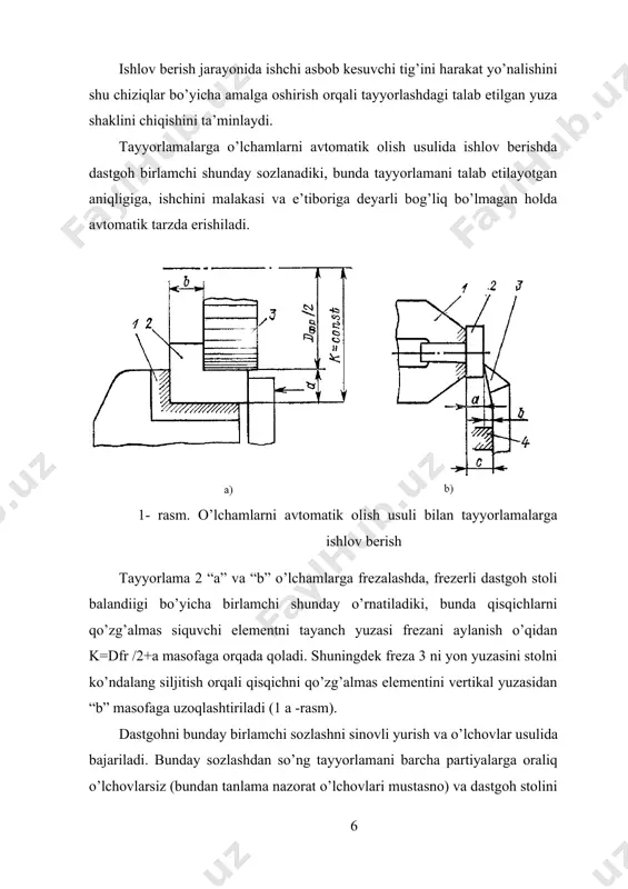 asalan, paralellik, perpendikulyarlikdan og’ishlar). ishlov berishni mehnat hajmi va tannarxi bevosita talab etilayotgan aniqlikka bog’liq bo’ladi va o’zgarmas boshqa sharoitlarda, aniqlikni oshishiga mos holatda tannarxi ham kattalashadi (2-rasm). 2-rasm. detall joizligi va tannarxni orasidagi bog’liqlik ishlab chiqarish sharoitlarida ishlov berish aniqligi ko’plab omillarga bog’liqligi sababli, dastgohlarda ishlov berishni erishiladigan emas, balki iqtisodiy aniqlik bilan olib boriladi. mexanik ishlov berishdagi iqtisodiy aniqlik me’yorli ishlab chiqarish sharoitlarida, kerakli moslamalar va asboblarni dastgohlarda ishlatish, vaqtni me’yorli ketkazish, yetarlicha malakadagi ishchilardan foydalanish orqali minimal tannarxda ishlov berish natijasida amalga oshiriladi. erishiladigan aniqlikka ishlov berish tannarxini hisobga olmasdan, ko’p xarajat, yuqori malakali ishchilardan foydalanish, ko’p vaqt sarflash orqali erishiladi. metallqirquvchi dastgohlarda ishlov berish aniqligiga quyidagi asosiy omillar ta’sir ko’rsatadi. 1. dastgohlarni geometrik noaniqligi. ular dastgohni asosiy detallari, qismlarini noto’g’ri tayyorlash va yig’ish, detallarni ishqalanuvchan yuzalarni yeyilishi, o’qlarni o’zaro perpendikulyarligi va paralelligini buzilishi, yo’naltiruvchilar, yurish vintlari va boshqalarni noaniqligi yoki nosozligi oqibatida kelib chiqadi. 2. kesuvchi …