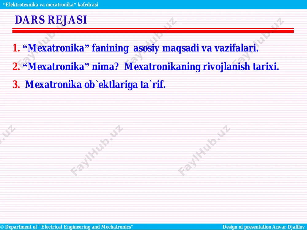 lumot uzatish mexanizmlari va ularni talab doirasida qo’llashni bilishini o’rgatishdan iborat. - ushbu maqsadga erishish uchun fan talabalarni nazariy bilimlar, amaliy ko’nikmalar, robototexnik tizimlarning dasturlash asoslariga uslubiy yondashuv hamda ilmiy dunyoqarashni shakllantirish vazifalarini bajaradi. fanning asosiy maqsadi © department of "electrical engineering and mechatronics" design of presentation anvar djalilov “elektrotexnika va mexatronika” kafedrasi © department of "electrical engineering and mechatronics" design of presentation anvar djalilov “elektrotexnika va mexatronika” kafedrasi ilmiy-texnik fan sifatida mexatronikaning asosiy maqsadi – harakatchan mashina va tizimlarnining asosi bo`lib xizmat qiladigan harakat funktsiyalarni amalga oshiruvchi yangi turdagi blok, modul va qismlarni ishlab chiqishdir. bundan kelib chiqib, mexatronikaning predmeti – kerakli harakat funktsionalini amalga oshirishni ta`minlovchi mashina va tizimlarni loyihalash va ishlab chiqarish jarayonidir. mexatronikaning asosiy vazifasi (fan sifatida)– murakkab dinamik ob`ektlarni o`ta aniq, o`ta ishonchli va ko`p funktsiyali boshqarish sistemalarini ishlab chiqish va yaratishdir. mexatronikaning asosiy vazifasi (texnika sohasi sifatida)– bu boshqaruv tizimining yuqori bosqichidan keladigan boshqarish …