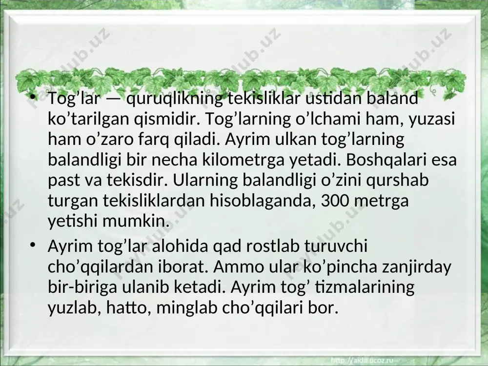 spanlar uning shimoliy qismini bejiz kordilyeri (aynan tarjimasi — «arqon») deb atashmagan. ushbu tog’ tizimida bir nechta 6 000 metrdan oshiq cho’qqilar bor. chili bilan argentina o’rtasidagi chegarada joylashgan akonkagua tog’ining balandligi 6 969 metrga yetadi. akonkagua qit'aning eng baland nuqtasi hisoblanadi. andning ko’pgina cho’qqilari faol vulqonlardir. and tog’lari o’zining mis, oltin, kumush siyagari boy tabiiy qazilmalari bilan ham mashhur. qadim zamonlarda hindular tog’dan qimmat baho metallarni qazib olishgan. dunyoning ko’pgina muzeylarida ulardan tayyorlangan bezaklar, taqinchoqlar saqlanadi. yevropadagi eng baland tog` elburus