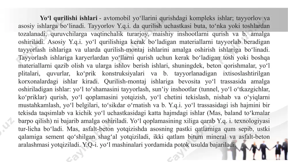 inalar: taʼmirlovchi avtogreyder va tekislagichlar, taʼmirlovchi gudronatorlar hamda bitum krzonlari, avtotaʼmirlovchilar, qum otgichlar, supirib-yigʻgichlar, suv sepish mashinalari, qor tozalash va b. mashinalar bor. y.m.da avtomatik nazorat qilish qurilmalari va gidravlik yuritmalar qoʻllanadi. y.m. yoʻl qurilish ishlarida, gidrotexnik, aerodrom, sanoat, fuqaro va qishloq xoʻjaligi qurilishida, kon sanoatida va b. da ham qoʻllanadi.[1] qurilish mashinalari - qurilish va taʼmirlash ishlarini bajarish uchun moʻljallangan mexani-zatsiya vositalari. quriladigan bino va inshootlar oʻrnini tayyorlash, yer tekislash va qazish ishlarini bajarish, yoʻl qurilishi, yigʻma konst-ruksiyalarni montaj qilish, burgʻilash, ustun-qoziq qoqish, armaturalar tayyorlash va ularni payvandlash, beton qorishmasini quyish,pardozlash va boshqa ishlarni bajarish uchun moʻljallangan texnologik guruhlar. bino va inshootlar oʻrnini tayyorlash ishlari (gruntni yumshatish, qurilish maydonchasini butalar, daraxtlar, toshlardan tozalash) almashinadigan ish jihozlari oʻrnatilgan zanjirli traktorlar negizidagi mashinalar b~n; yer tekislash va qazish ishlari bir va koʻp choʻmichli ekskava-torlar, zovur qazigichlar, buldozerlar, skreperlar, avtogreyderlar, bir choʻmichli yuklagichlar va boshqa bilan; yoʻl qurilishi ishlari yer qazish mashinalari, …