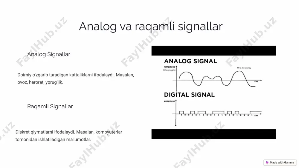ytirish uchun ishlatiladi (masalan, mp3, jpeg). signalni tahlil qilish: signaldagi turli xil xususiyatlarni aniqlash (masalan, spektral tahlil, avtokorrelyatsiya). mashina o'rganishi usullari: signallarda naqsh va anomaliyalarni aniqlash uchun ishlatiladi (masalan, chuqur o'rganish, sun'iy neyron tarmoqlari). qo'llanilish sohalari: signallarni qayta ishlash usullari turli sohalarda qo'llaniladi, jumladan: * aloqa: simsiz aloqa, uyali aloqa, radioeshittirish. * audio va video ishlov berish: ovoz yozuvi va aralashtirishi, video tahrirlash. * tibbiyot: eeg, ekg, mri ma'lumotlarini tahlil qilish. * rasmni qayta ishlash: rasmni tahlil qilish, tasniflash va qayta tiklash. * radar va sonar: ma'lumotlarni tahlil qilish va ob'ektlarni aniqlash. * sanoat avtomatizatsiyasi: sensorlar ma'lumotlarini qayta ishlash. bu faqatgina signallarni qayta ishlashning asosiy usullaridan bir nechtasi. har bir soha o'ziga xos talablar va usullarni qo'llaydi. e’tiboringiz uchun rahmat! image1.png image2.png image3.png image4.png image5.png image6.png image7.png image8.png image9.png image10.png image11.png image12.png image13.png image14.png image15.png