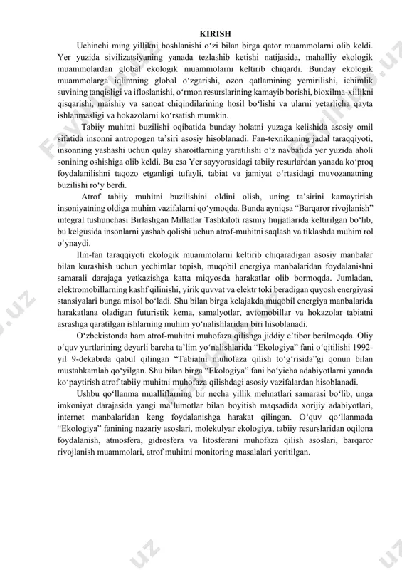 faza qilish asoslari, barqaror rivojlanish muammolari, atrof muhitni monitoring masalalari yoritilgan. 1.mavzu. kirish. ekologiya fani, uning maqsad va vazifalari. 1. ekologiya fan sifatida 2. ekologiyaning boshqa fanlar bilan o‘zaro bog‘liqligi 3. ekologiyaning asosiy bo‘limlari 4. ekologiyaning vazifalari 5. ekologiyaning rivojlanish tarixi tayanch iboralar: abiotik muhit, antagonistik, gipoteza, global, differentsiatsiya, zoologiya, integratsiya, kontekst, kontseptsiya, noosfera, organik muhit, tur, siyosatshunoslik, barqaror rivojlanish, tsivilizatsiya 1. ekologiya fan sifatida. «ekologiya» atamasi va uning ma’nosi fanga 1866 yilda nemis biologi ernst gekkel tomonidan kiritilgan (1834-1919). u ekologiya deganda muhit va organizmlarning o‘zaro bog‘liqligini tushungan va fanning bu tarmog‘iga quyidagicha ta’rif bergan: «ekologiya bu butun tirik mavjudotlarning muhitdagi organik va noorganik komponentlari bilan o‘zaro aloqadorligini o‘rganadi, bunda hayvonlar va o‘simliklarning noantogonistik va antogonistik o‘zaro aloqadorligini hisobga oladi. bir so‘z bilan aytganda, ekologiya-tabiatdagi jami murakkab aloqadorlik va o‘zaro munosabatlarni o‘rganadigan fan bo‘lib, ch. darvin fikricha, yashash uchun kurash shartlaridan biridir. ayniqsa, ch. darvinning evolyusion ta’limoti, «turlarning tabiiy …
