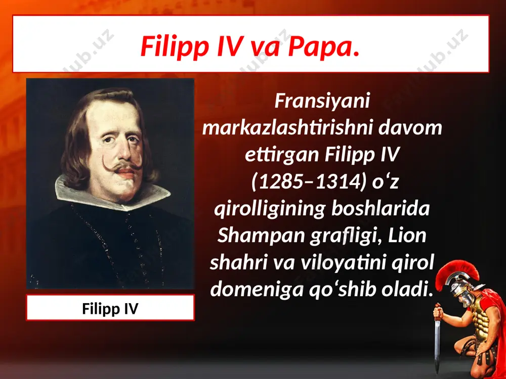 i qiynoqqa solinib, gulxanlarga tashlanadi. buyuk magistr 1314-yilda o‘limga mahkum etiladi. shu tariqa xiv asrda fransiyada toifaviy monarxiya, ya’ni toifa vakillari yig‘iniga tayanadigan, markazlashgan davlat shakllana boshladi. savol va topshiriqlar 1. qirol filipp va rim papasi o‘rtasidagi mojaro sabablarini ayting. 2. nomdor zodagonlar toifasi haqida nimalarni bilasiz? o‘rta asrlarda mamlaktaimizdagi ushbu tabaqa qanday nomlangan? 3. keng tarkibdagi general shtatlarni chaqirishdan maqsad nima bo‘lgan? 4. filipp iv uchun «tampliyerlar ishi» nega kerak edi? image2.jpg image3.jpeg image4.jpeg image5.png image6.jpeg image7.jpeg image8.jpeg image9.jpeg image10.emf image11.jpeg image12.jpg image13.jpeg image14.jpeg image15.jpeg image1.jpg