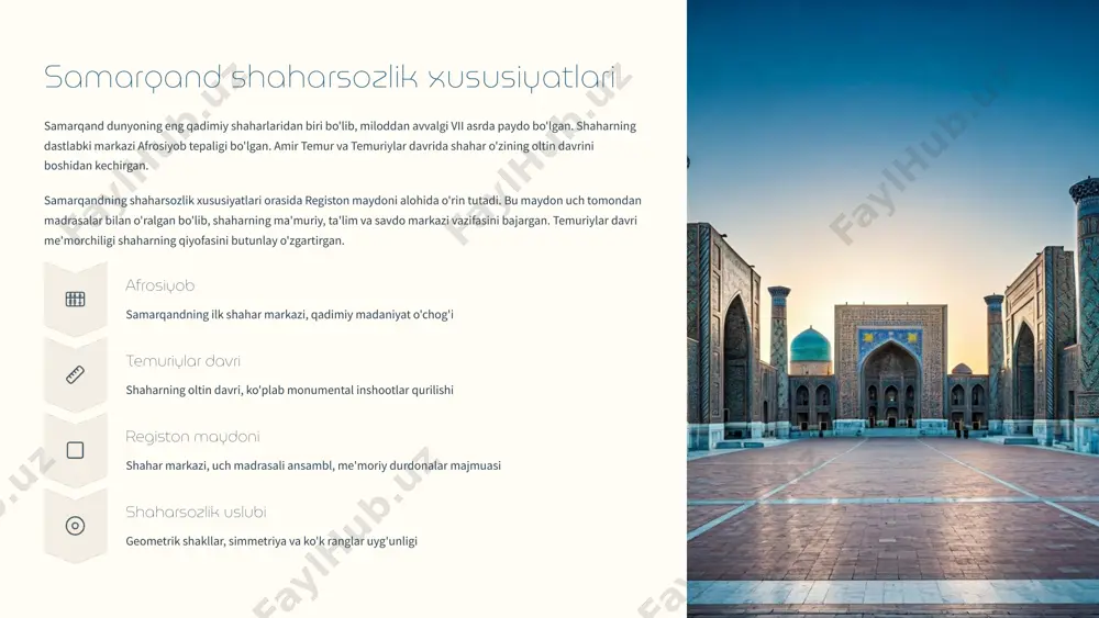 ay maqbarasi, shamsiddin kulol ziyoratgohi va ko'k gumbaz masjididan iborat majmua. bu yerda ilm-fan va diniy ta'lim markazi bo'lgan. dorus-saodat temurning o'g'li jahongir maqbarasi joylashgan majmua. bu yerda shuningdek yer osti kriptasi va hazrati imam masjidi ham joylashgan. chorsu shahar markazi, savdo maydoni vazifasini bajargan. bu yerda hunarmandlar rastalari va karvonsaroylar joylashgan. shaharning asosiy ko'chalari shu maydondan boshlanib, turli yo'nalishlarga ketgan. 7 tarixiy shaharlardagi me'moriy ansambllar o'zbekiston tarixiy shaharlari ko'plab noyob me'moriy ansambllar bilan mashhur. bu ansambllar bir nechta binolarni o'z ichiga olib, ular ma'lum bir g'oya asosida birlashtirilgan. bu ansambllarda madrasa va masjidlar, karvonsaroylar va hammomlar, savdo rastalari va boshqa jamoat inshootlari muhim o'rin tutgan. me'moriy ansambllar shaharning muhim nuqtalarida joylashgan bo'lib, shaharsozlik kompozitsiyasining asosini tashkil qilgan. ular nafaqat diniy yoki ma'muriy vazifalarni bajargan, balki shaharning ijtimoiy hayotidagi asosiy markazlar ham bo'lgan. masjid va madrasalar diniy va ta'lim markazi vazifasini bajargan. ko'pincha juft holda qurilgan - ulug' masjid va …