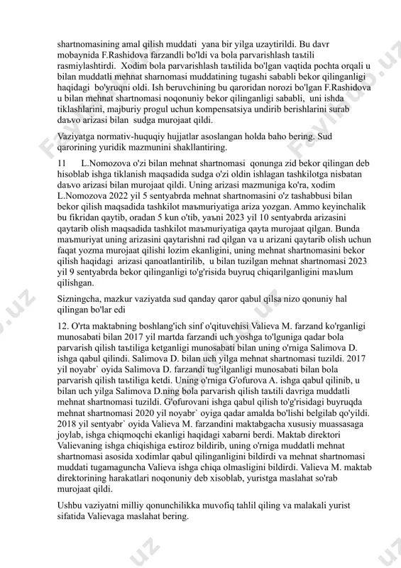 asida chap elkasi suyagining ichki sinishi natijasida uch oy davolanishi va barcha xarajatlarning ish beruvchi tomonidan qoplashi kerakligini talab qildi. ish beruvchi muddatni o'rnatish faqatgina o'zi tomonidan hal qilinishini, ish vaqtidagi jarohat yuzasidan tegishli tarzda dalolatnoma rasmiylshtirilmaganligini aytib, unga xayfsan berish bilan tahdid qildi. 8. daъvogar a.arslonxo'jaev javobgar toshkent shahar “toshgaz” boshqarmasiga nisbatan ishga tiklash haqidagi daъvo arizasi bilan sudga murojaat qilgan. a.arslonxo'jaev o'zbekiston respublikasi mehnat kodeksining 100-moddasi 2-qismiga asosan sog'ligi holatiga ko'ra bajarayotgan ishiga noloyiq bo'lib qolishi sababli ishdan bo'shatilganligini va bu noqonuniy ekanligini aytgan. “toshgaz” boshqarmasi vakili islomqulov sudda daъvo talablarini bildirib, a.arslonxo'jaev toshkent shahar “toshgaz” boshqarmasida gaz trassasini kuzatib turuvchi lavozimida ishlagan va ishga kirish paytida sog'ligi holatini maъmuriyatdan yashirganligini ko'rsatgan. shuningdek, oxirgi yillarda uning kasalligi kuchaygan, maъmuriyat unga engilroq ishni taklif etgan, lekin u bu ishni rad etganligini taъkidlagan. shu sababli u bilan tuzilgan mehnat sharnomasi bekor qilinganligini aytgan. vaziyatni qonun hujjatlari asosida tahlil qiling. 9. …