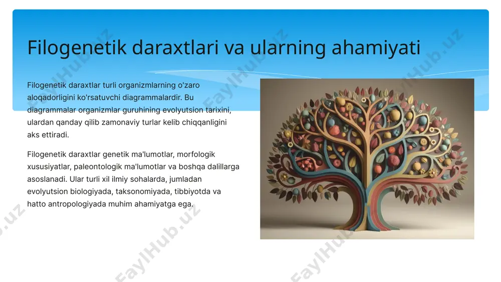 va turlarning vaqt o'tishi bilan o'zgarishi. filogenez turlarning kelib chiqishi va ularning bir-biriga qanday bog'liqligini o'rganish. filogenetik daraxt turlarning o'zaro bog'liqliklarini vizual ko'rsatish usuli. filogenetik analiz filogenetik ma'lumotlarni tahlil qilish va turlarning o'zaro bog'liqliklarini aniqlash. filogenetik klassifikatsiyalash 1 turlarni guruhlash filogenetik klassifikatsiyalash organizmlarni ularning evolyutsion aloqalariga ko'ra guruhlashni o'z ichiga oladi. 2 daraxtlar va diagrammalar filogenetik daraxtlar va diagrammalar organizmlar orasidagi evolyutsion munosabatlarni ko'rsatadi. 3 taksonomiya klassifikatsiya tizimi hayot daraxti bo'ylab taksonlarni, masalan, turlar, oilalar va sinflarni guruhlashni o'z ichiga oladi. filogenetik klassifikatsiyalash turlari fenogenetik klassifikatsiya organizmlarni morfologik xususiyatlariga qarab guruhlash. filogenetik klassifikatsiya organizmlarni ularning evolyutsion aloqalariga qarab guruhlash. filogenetik daraxtlari va ularning ahamiyati filogenetik daraxtlar turli organizmlarning o'zaro aloqadorligini ko'rsatuvchi diagrammalardir. bu diagrammalar organizmlar guruhining evolyutsion tarixini, ulardan qanday qilib zamonaviy turlar kelib chiqqanligini aks ettiradi. filogenetik daraxtlar genetik ma'lumotlar, morfologik xususiyatlar, paleontologik ma'lumotlar va boshqa dalillarga asoslanadi. ular turli xil ilmiy sohalarda, jumladan evolyutsion biologiyada, taksonomiyada, tibbiyotda va …