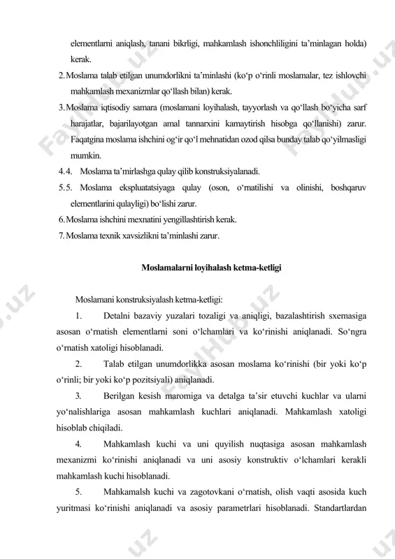 ламани юкланган ва ҳаракатланувчи қисмлари мустахкамликка ва ейилишга ҳисобланади. 10. ishlab chiqilgan moslamani iqtisodiy nuqtai nazardan maqbulligi hisoblanadi. moslamalarni konstruksiyasini chizish ketma-ketligi moslamani umumiy ko‘rinishini aloxida elementlarni birin-ketin ma’lum ketma-ketlikda chizish bilan ishlab chiqiladi. 1. ishlov beriladigan detal chizmasi uchta (ba’zan 2 ta) proyeksiyada (ko‘rinmas uziq-uziq chiziqlarda) bir biridan ma’lum masofada (moslama proyeksiyalari joylashadigan qilib) chiziladi. 2. chizmada kesish asbobini yo‘naltiruvchi elementlari (konduktor vtulkalari kerakli joyda, oraliqda) chiziladi. 3. moslama o‘rnatish elementlari detalni bazaviy yuzalari tegib turadigan holda chiziladi. 4. kuch xosil qiluvchi yuritma va maxkamlash mexanizmlari chiziladi. 5. yordamchi qurilmalar va detallar chiziladi. 6. elementlarni to‘g‘ri joylashtirilgan holda tanani konsturksiyasi chiziladi. 7. moslamani umumiy chizmasi ishlab chiqiladi. o‘lchamlar va dopusklar qo‘yiladi, dst lari materiali termik ishlov beriladigan yuzalar ko‘rsatilgan holda detallar ro‘yxati tuziladi. texnik talablar yoziladi. xalqada radial teshik parmalash konduktorini umumiy ko‘rinishini ishlab chiqish ketma-ketligi 1-4 rasmlarda keltirilgan. 1-rasm. ishchi asbobni yo‘naltirish va o‘rnatish elementlarini konstruksiyalash. 2-rasm. mahkamlash …