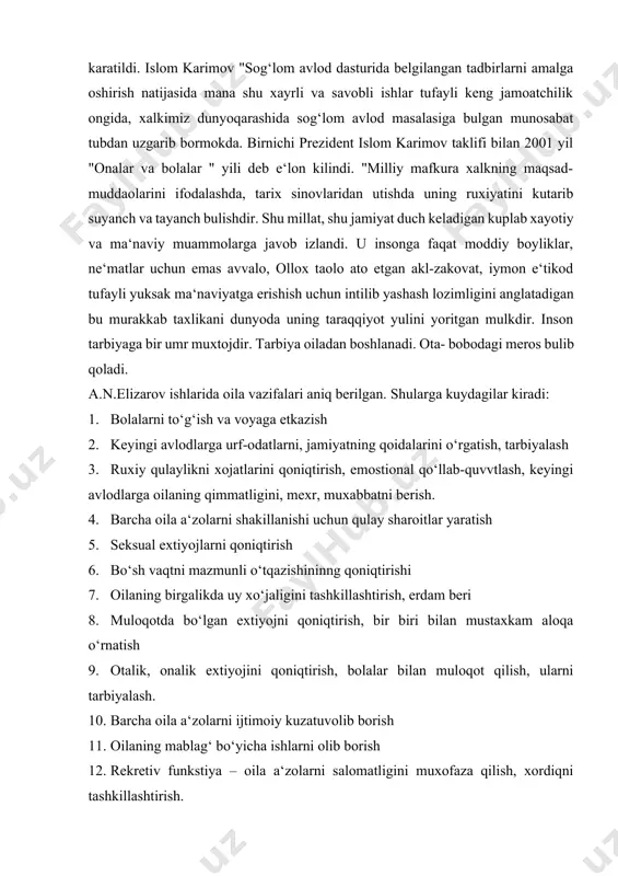 nal qo‘llab-quvvtlash, keyingi avlodlarga oilaning qimmatligini, mexr, muxabbatni berish. 4. barcha oila a‘zolarni shakillanishi uchun qulay sharoitlar yaratish 5. seksual extiyojlarni qoniqtirish 6. bo‘sh vaqtni mazmunli o‘tqazishininng qoniqtirishi 7. oilaning birgalikda uy xo‘jaligini tashkillashtirish, erdam beri 8. muloqotda bo‘lgan extiyojni qoniqtirish, bir biri bilan mustaxkam aloqa o‘rnatish 9. otalik, onalik extiyojini qoniqtirish, bolalar bilan muloqot qilish, ularni tarbiyalash. 10. barcha oila a‘zolarni ijtimoiy kuzatuvolib borish 11. oilaning mablag‘ bo‘yicha ishlarni olib borish 12. rekretiv funkstiya – oila a‘zolarni salomatligini muxofaza qilish, xordiqni tashkillashtirish. adabiyotlar 1. shomansurova i. e. ―oilaviy tibbiyotda xamshiralik ishi‖ toshkent – 2008 y 2. chubakova t. ch., frike e. b., xaliki v.pod redakstiey (1 – 2 tom) bishkek – 2003g. ―osnovы sestrinskogo dela v semeynoy medistine‖ 3. .krasnov a. f. moskva – 2000g. (i – ii tom) ―sestrinskoe delo‖ 4. dorofeeva r. m. ―semeynaya medistinskaya sestra‖ moskva – 2002g. 5. umarova t. yu., kayumova i. a., ibragimova …