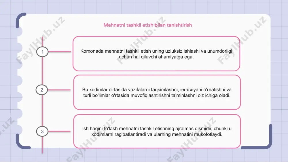 roli va mas'uliyatini aniq bilishini ta'minlaydi. ish haqini to'lash mehnatni tashkil etishning muhim jihati hisoblanadi. bu xodimlarning sa'y-harakatlari uchun adolatli kompensatsiya qilinishini ta'minlaydi, bu ularning motivatsiyasi va ishdan qoniqishini oshiradi. korxonalarda mehnatni tashkil etishdagi qiyinchiliklar korxonada mehnatni tashkil etish, ayniqsa, turli xodimlarning sa'y-harakatlarini muvofiqlashtirish nuqtai nazaridan bir qancha muammolarni keltirib chiqaradi. asosiy muammolardan biri barcha xodimlarning bir xil maqsadlar sari harakat qilishlarini va tashkilotdagi o'z rollari va mas'uliyatlarini bilishlarini ta'minlashdir. yana bir qiyinchilik – ish haqini to‘lashning adolatli va shaffof tizimini yaratish, natijada ish staji, bozor stavkalari kabi omillarni hisobga olgan holda. ish haqini to'lash tizimlariga umumiy nuqtai korxonada mehnatni tashkil etish samarali va unumli mehnatni ta'minlashning hal qiluvchi jihati hisoblanadi. u vazifalarni rejalashtirish va belgilash, ish jarayonlarini muvofiqlashtirish va resurslarni optimallashtirishni o'z ichiga oladi. ish haqini to'lash tizimlari ishning tabiati, sanoat standartlari va mahalliy mehnat qonunlari kabi omillarga qarab farqlanadi. umumiy tizimlarga soatlik ish haqi, ish haqi, ish haqi, …