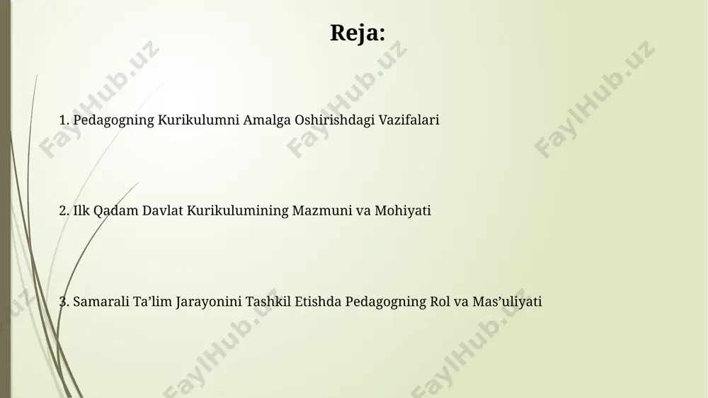 bilim olish jarayonini yanada samarali qiladi. o‘quv rejasi va dars ishlanmalari o‘quv rejasi yillik 1200 soatlik ta’lim yuklamasini 34 ta fan bo‘yicha taqsimlaydi, har bir fanning haftalik soatlari va o‘quv materiallarini aniq belgilaydi. dars ishlanmalari o‘quv rejasiga muvofiq, har bir dars uchun maqsad, vazifalar, o‘quv materiallari, uslublar va baholash mezonlarini o‘z ichiga olishi shart. muvaffaqiyatli amalga oshirish strategiyasi muvaffaqiyatli amalga oshirish uchun ilk qadam davlat o'quv dasturining 5 ta asosiy komponentini (o'qitish, baholash, resurslar, texnologiyalar, hamkorlik) birgalikda qo'llash zarur. o'quv jarayonida interfaol usullarni (masalan, loyihalar, o'yinlar) qo'llash orqali o'quvchilarning 70% gacha faol ishtirokini ta'minlash mumkin. pedagogning rolining ahamiyati pedagogning ilg'or pedagogik texnologiyalar, jumladan, 5 ta turdagi o'yin texnologiyalarini qo'llashi, o'quv jarayonining jozibadorligini va o'quvchilarning faol ishtirokini ta'minlaydi. ilk qadam davlat o'quv dasturini amalga oshirishda pedagogning o'quv jarayonini 30% ga samaradorligini oshirishga hissa qo'shishi mumkin, chunki u bolalar bilan individual ishlash usullarini qo'llaydi. ilk qadam davlat kurikulumining mohiyati ilk qadam davlat …