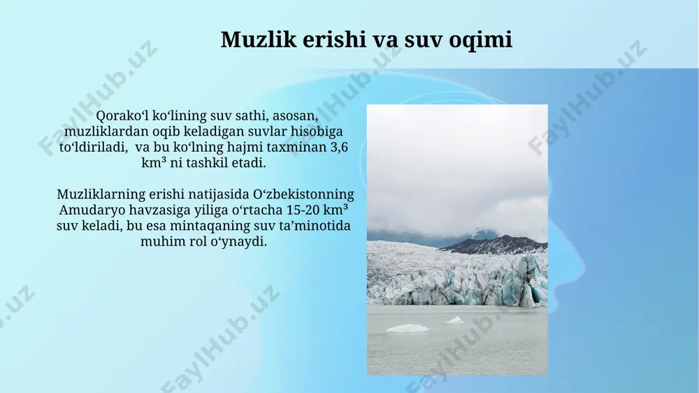 stonning amudaryo havzasidagi suv ta'minotiga jiddiy tahdid soladi. markaziy osiyoda, xususan, pomir tog'laridagi muzliklarning tez erishi natijasida 10 milliard kub metrdan ortiq suv yo'qotilishi kuzatilmoqda, bu esa mintaqadagi qishloq xo'jaligiga salbiy ta'sir ko'rsatmoqda. muzlik daryolarining ekologik ahamiyati muzliklardan oqib tushadigan suvlar, taxminan 70% ga yaqini, afganistondagi amudaryo havzasidagi bioxilma-xillikni saqlashda hal qiluvchi ahamiyatga ega, bu yerda noyob baliq turlari yashaydi. muzlik daryolari, masalan, oʻzbekistonning pomir togʻlaridagi daryolar, 100 dan ortiq oʻsimlik va hayvon turlarining yashash muhitini ta’minlaydi, ularning koʻpchiligi endemik hisoblanadi. muzliklarning suv ta'minoti mexanizmi pomir tog'laridagi muzliklardan oqib tushadigan daryolar, masalan, amudaryo, yillik oqimining 30% gacha suvini muzliklardan oladi, bu mintaqa aholisi uchun juda muhim ahamiyatga ega. hindistonning himoloy tog'laridagi gang daryosining suv ta'minotida muzliklarning ulushi taxminan 25-30% ni tashkil etadi, bu esa millionlab odamlarning hayotini ta'minlaydi. e'tiboringiz uchun rahmat @taqdimot_robot image2.jpg image3.jpg image4.jpg image5.jpg image6.jpg image7.jpg image8.jpg image9.jpg image10.jpg image11.jpg image12.jpg image13.jpg image1.png
