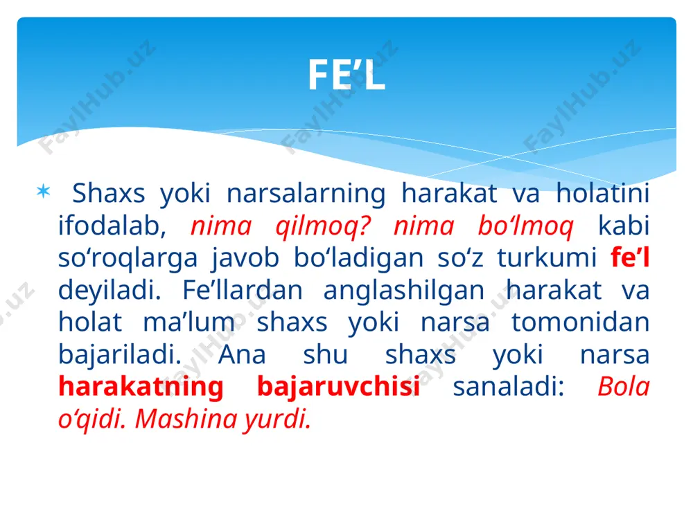 uxladi 7. ishora fe’llari imo qildi, labini burdi, ko‘zini qisdi 8. ko‘rish fe’llari qaradi, ko‘rdi, boqdi 9. nutq fe’llari gapirdi, so‘zladi, bayon qildi, ifoda qildi, ming‘irladi, to‘ng‘illadi fe’lning ma’noviy guruhlari, akademik litsey darsligi o‘timli fe’llar tushum kelishigidagi so‘zlarga bog‘lana oladigan fe’llardir. bu fe’llar kimni? nimani? so‘roqlariga javob bo‘la oladigan so‘zga bog‘lanadi: o‘qidi (kitobni), yozdi (inshoni), bajardi (topshiriqni) va h.k. § o‘timli va o‘timsiz fe’llar o‘timsiz fe’llar tushum kelishigidagi so‘zlar bilan bog‘lana olmaydigan fe’llardir. bu fe’llar kimni? nimani? so‘roqlariga javob bo‘ladigan so‘zlarga bog‘lana olmaydi: yugurdi, bordi, turdi, qichqirdi, yayradi, uxladi, jiringladi, kuldi, odatlandi, go‘zallashdi, sayradi, termuldi, qaradi va h.k. § o‘timli va o‘timsiz fe’llar majhul va o‘zlik nisbat qo‘shimchalari o‘timli fe’lni o‘timsiz fe’lga aylantiradi: kiydi (o‘timli) – kiyindi (o‘timsiz), yuvdi (o‘timli) – yuvindi (o‘timsiz). orttirma nisbat qo‘shimchasi o‘timsiz fe’lni o‘timli fe’lga aylantiradi: kiyindi (o‘timsiz) – kiyintirdi (o‘timli), qaradi (o‘timsiz) – qaratdi (o‘timli) eslatma harakat-holatning kuchsizligiga ko‘ra farqlanishi: jilmaymoq – kulimsiramoq – …