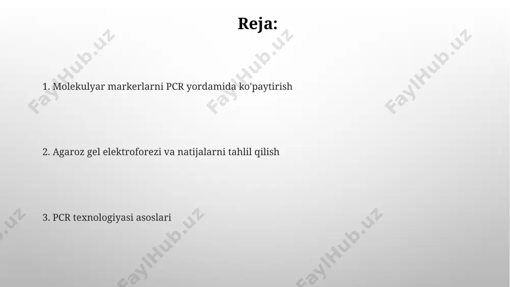 56-65°s haroratda inkubatsiya qilish kerak. agaroz gel elektroforezi printsiplari agaroz geli elektroforezi dnkning kattaligiga asoslanib, molekulalarning ajratilishini ta’minlaydi; kichikroq fragmentlar geli orqali tezroq harakatlanadi, 100-200 bp oralig’idagi fragmentlar aniqroq ajratiladi. agaroz geli matritsasi, dnk fragmentlarining harakatlanishini sekinlashtiruvchi, turli konsentrasiyalarda (0,5% - 2%) tayyorlanadi, yuqori konsentrasiyalar kichik fragmentlarni aniq ajratish imkonini beradi. gelni bo'yash va vizualizatsiya bo'yalgan gelni uv transilyuminator ostida kuzatish orqali dnk bandlarining miqdoriy va sifat tahlilini o'tkazish mumkin, bu erda har bir bandning intensivligi 1000 dan ortiq nukleotid juftliklarini aks ettirishi mumkin. gelning tasvirini raqamli kamera yordamida olish va keyinchalik imagej kabi dasturlar yordamida bandlarning o'lchamini va intensivligini aniqroq o'lchash mumkin, bu esa tahlil aniqligini oshiradi. natijalarni tahlil qilish bandlarning intensivligi, namunadagi ma’lum dnk ketma-ketligining miqdorini ko‘rsatadi; masalan, yorqin bandlar yuqori konsentratsiyani bildiradi. agar ikkita yoki undan ortiq allellar aniqlansa, geterozigota holatini, faqat bitta allel aniqlansa, gomozigota holatini ko‘rsatadi. xulosa va kelajakdagi istiqbollar snp, str va indel kabi …