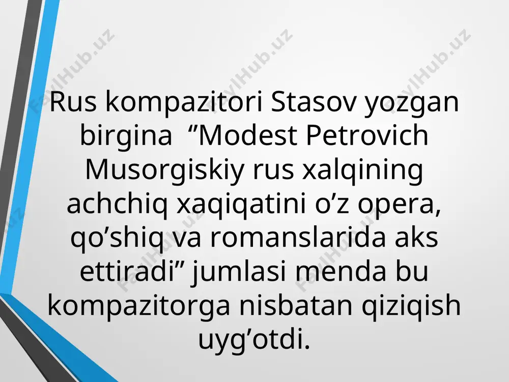 o’yiladi va muvoffaqiyat qozonadi. 60-yillarda modest o’zining ‘’salambo’’ nomli 1-operasini flober romani asosida yaratadi. kompazitor 1868-yilda gogol kamediyasi asosida ‘’jenitba’’ nomli operasini yozadi. shu yili pushkin tragediyasi asosida ‘’boris godunov’’ nomli operasi ustida ishlaydi. bu operaning premyerasi 1874-yil 8-fevralda namoyish etiladi. 1872-yilda stasovning maslahatiga binoan ‘’xovanshina’’ nomli operasi ustida ishlay boshlaydi. ‘’xovanshina’’ operasida 17-asrdagi petr i davridagi rus xalqining ahvoli tas’virlangan. bu operaning tugatilishi kompazitorni so’nggi 10 yilligini o’z ichiga oladi. 1874-yilda gogolning komik asarlari asosida ‘’sarochiniskaya yarmarka’’ nomli opera va fortapiano uchun ‘’kartinki vistavka’’ nomli pessani ham yozib tugatadi. * kompazitor so’nggi yillarda o’zini yomon his qilishiga qaramay 1879-yilda rus vokalisti leanova bilan birgalikda rossiyada konsert beradi. bu konsertda o’z operalaridan ham parcha ijro etadi.1881-yil uning ahvoli yana yomonlashadi shu yili 14-martida kasalxonaga yotqizadi va 16-martda o’sha joyda vafot etadi. xulosa. xulosa o’rnida modest petrovich musorgiskiy rus xalqining chinakkam, fidoiy farzandi ekanligini aytib o’tish lozimdir. u bir umr o’z …