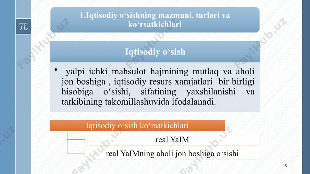 nishni ta'minlash uchun iqtisodiy oʻsish ta'minlanishi yoki hech boʻlmaganda ushbu davrda aktivlar miqdori kamaymasligi zarur. aktivlarning oʻzgarishi deganda mamlakatdagi jamgʻarmalar, investisiyalar, jamgʻarilgan boylikning “sof oʻsish” sur'ati tushuniladi. barqa-ror iqtisodiy oʻsish mavjud holat maqbul holat adolatli holat 20 ijtimoiy soha iqtisodiy soha ekologik soha 21 3. oʻzbekistonda iqtisodiy oʻsishning yuqori sur'atlarini ta'minlash omillari va natijalari oʻzbekistonda mustaqillik yillarida olib borilgan islohotlar orqali iqtisodiyotning barqaror oʻsishi ta'minlandi, makroiqtisodiy va moliyaviy barqarorlik mustahkamlandi, iqtisodiyot va uning ayrim sohalari oʻrtasidagi mutanosiblik kuchaydi; bozor mexanizmining tarkibiy qismlari qaror topdi va uning infratuzilmalari vujudga keltirilib, rivojlantirildi. o‘zbekistonda iqtisodiy o’sish sur’atlari, foizda 22 22 1993 1994 1995 1996 1997 1998 1999 2000 2001 2002 2003 2004 2005 2006 2007 2008 2009 2010 2011 2012 2013 2014 2015 2016 2017 2018 2019 2020 2021 2022 2023 -2.2999999999999998 -5.2 -0.9 1.7 5.2 4.3 4.3 3.8 4.2 4 4.2 7.4 7 7.5 9.5 9 8.1 8.5 8.3000000000000007 8.1999999999999993 8 8 …