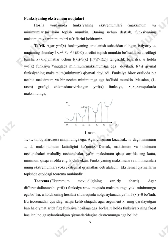 h qulay bo’ladi. bunda y=f(x) funksiyasining ikkinchi tartibli hosilasi mavjud va x= kritik nuqtaning biror atrofida uzluksiz bo’lsin. u holda quyidagi teorema o’rinlidir. teorema. f '() =0 bo’lsin; u holda f ''() 0 bo’lsa, funksiya x= nuqtada minimumga ega bo’ladi. funksiyaning yana bir muhim xususiyatlaridan biri uning qavariqligi va botiqligi bo’lib hisoblanadi. bunga misol sifatida fizikaning optika bo’limida qaralaidigan qavariq va botiq linzalarni keltirish mumkin. funksiyaning qavariqlik va botiqlik oraliqlarini topishda ham hosila muhim qurol bo’lib xizmat qiladi. ta’rif. agar (3-rasm) y=f(x) funksiya (𝑎, 𝑏) oraliqda differensianaluvchi va uning grafigi bu oraliqdagihar bir m(x,f(x)) nuqtada o’tkazilgan urinmasidan pastda(yuqorida) joylashgan bo’lsa, u shu oraliqda qavariq (botiq deyiladi). 3-rasm umumiy holda y=f(x) funksiya grafigining qavariqlik va botiqlik oraliqlari uning ikkinchi tartibli hosilasi yordamida quyidagi teorema bilan aniqlanadi. teorema. agar (3-rasm) y=f(x) funksiya (a, b) oraliqning har bir nuqtasida ikki marta differensiallanuvchi va barcha x⋲(a, b) nuqtalarda f ''(x)>0 (f ''(x) =1 bo’lganda …