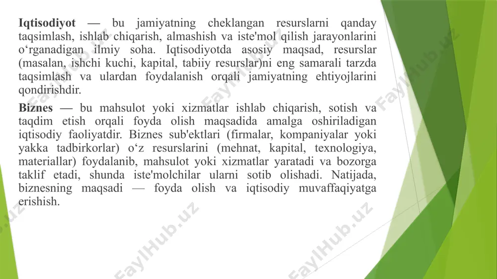 borish. 7. induksiya va deduksiya 8. iqtisodiy jarayonlarni o‘rganish va tahlil qilishda ikki tomonlama yondashuv usuli. 9. iqtisodiy jarayonlarni miqdoriy jihatdan tahlil qilishda taqqoslash, statistik, matematik va grafik usullar. ijtimoiy-iqtisodiy taraqqiyotning barcha bosqichlarida inson hayotining asosini moddiy ne’matlar ishlab chiqarish va xizmatlar ko‘rsatish tashkil etadi. ishlab chiqarish jarayonida haqiqatda qo‘llaniluvchi barcha resurslar ishlab chiqarish omillari deyiladi. iqtisodiyotning tizimi va shaklidan qat’i nazar to‘rtta omil: ishlab chiqarish omillari ishchi kuchi kapital yer-suv tadbirkorlik qobiliyati ishlab chiqarishning tarkibiy tuzilishi o'z navbatida moddiy ishlab chiqarish sohasi moddiy ne’matlarni ishlab chiqarish (masalan, avtomobil, oziq-ovqat mahsulotlari, kiyim-kechaklar va h.k.) va moddiy xizmatlar ko'rsatish (transport, aloqa, savdo, maishiy xizmat va boshqalar) dan iborat bo‘ladi. ishlab chiqarish imkoniyatlari egri chizig'i - bu iqtisodiyotda mavjud bo'lgan barcha resurslardan foydalangan holda to'liq ish sharoitida yaratilishi mumkin bo'lgan bir nechta tovarlami (tovarlami yoki xizmatlami) maksimal darajada ishlab chiqarishning turli xil kombinatsiyalarini aks ettiruvchi egri chiziq. 3. ishlab chiqarish imkoniyati egri …