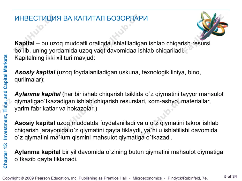 ar hosil qiladigan pul miqdori. n yildan keyin to'lanadigan $1, bugungi kunda $1/(1 + r)n ga teng ● foiz stavkasi, bu qarz olish yoki qarz berish mumkin bo'lgan stavka. ● joriy diskontlangan qiymat (pdv) kutilayotgan kelajakdagi pul oqimining joriy qiymati buni quyidagicha umumlashtirishimiz mumkin: 15.2 chapter 15: investment, time, and capital markets * of 34 copyright © 2009 pearson education, inc. publishing as prentice hall • microeconomics • pindyck/rubinfeld, 7e. joriy diskont qiymat (pdv) joriy diskontlangan qiymat (pdv) kelgusi qiymat (fv) chapter 15: investment, time, and capital markets * of 34 copyright © 2009 pearson education, inc. publishing as prentice hall • microeconomics • pindyck/rubinfeld, 7e. kelajakdagi qiymat (fv) chapter 15: investment, time, and capital markets * of 34 copyright © 2009 pearson education, inc. publishing as prentice hall • microeconomics • pindyck/rubinfeld, 7e. joriy diskont qiymat (pdv) 15.1-jadvalda turli xil foiz stavkalari uchun 1, 2, 5, 10, 20 va …