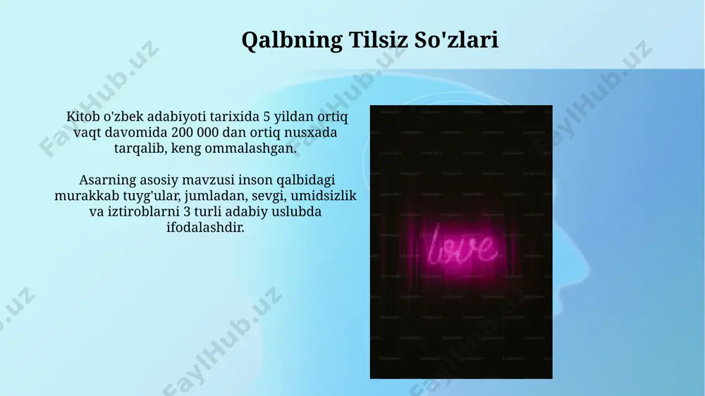 yildan kamroq davom etgan munosabatlardagi ajralishlar sonini kamaytiradi. muhabbat, 7 yildan ziyod davom etgan munosabatlarni 50% gacha saqlab qolish imkoniyatini beradi, lekin bu toshkentdagi oilaviy psixologlarning tadqiqotlariga ko'ra, qiyinchiliklarni birgalikda yengishga bog'liq. ishqning sirlari kitob muallifi, 20 yillik tadqiqotlar natijalariga tayanib, samarqand va buxoro shaharlarining tarixiy manbalaridan foydalanib, sevgi haqidagi qarashlarning zamonaviy tushunchalar bilan uyg'unlashuvini ko'rsatadi. "ishqning sirlari"da keltirilgan 5 ta amaliy mashqlar, o'quvchilarga o'z his-tuyg'ularini anglash va sevgi munosabatlarini mustahkamlashga yordam beradigan psixologik texnikalarni o'rgatishga qaratilgan. vafo va sadoqat асардаги 20 дан ортиқ персонажлар, уларнинг ўзаро муносабатлари ва тақдирлари орқали ўзбек халқининг бой маънавий мероси ва анъаналарига оид тасвирлар берилган. "vafо va sadoqat" асарида 1943- йилдаги 2- жаҳон уруши давридаги бухоро шаҳридаги воқеалар тасвирланган бўлиб, халқнинг жасурлиги ва матонатлигини кўрсатади. birga bo'lishning quvvat samarqanddagi 10 yillik kuzatuvlar shuni ko'rsatdiki, oilaviy qadriyatlarga e'tibor 30%ga oshishi bilan ajralish darajasi 15% ga kamaygan. bu birgalikdagi hayotning muhimligini tasdiqlaydi. psixologlarning fikricha, birga o'tkazilgan …