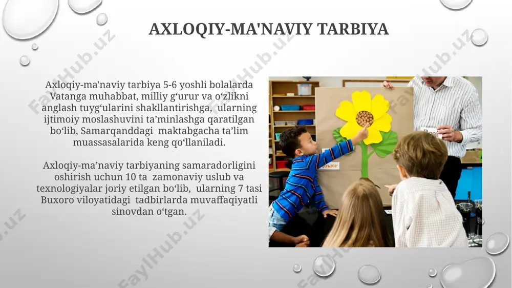 gi bolalar bog'chalarida muvaffaqiyatli qo'llanilmoqda, bu esa bolalarni mustaqil fikrlashga o'rgatadi. mustaqillikning 30 yilligi munosabati bilan qabul qilingan davlat dasturlari maktabgacha ta'lim muassasalarida 100 dan ortiq yangi o'quv qo'llanmalarining yaratilishini ta'minladi, bu esa mustaqillik g'oyalarini bolalarga singdirishga xizmat qiladi. e'tiboringiz uchun rahmat @taqdimot_robot image3.png image4.jpg image5.jpg image6.jpg image7.jpg image8.jpg image9.jpg image10.jpg image11.jpg image12.jpg image1.png