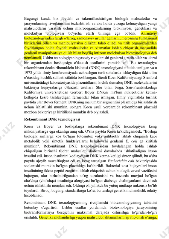 kli birikmaning hosil bo'lishi (biotransformatsiyasi). oqsil pastga ishlov berish: kerakli birikmani hujayra muhitidan yoki hujayra massasidan tozalash biotexnologiya tadqiqotlari ushbu bosqichlarning har birining umumiy samaradorligini oshirishga va oziq-ovqat qo'shimchalari va dori-darmonlarni tayyorlashda foydali bo'lgan mahsulotlarni ishlab chiqaradigan mikroorganizmlarni topishga bag'ishlangan. 1960 va 1970 yillar davomida ushbu tadqiqot yuqori oqim, bioreaktor dizayni va quyi oqimni qayta ishlashga qaratilgan. ushbu tadqiqotlar fermentatsiya jarayonini monitoring qilish va nazorat qilish uchun bioinstrumentatsiyani yaxshilashga va turli xil mahsulotlarning hosildorligini oshiruvchi samarali keng ko'lamli o'sish inshootlariga olib keldi. umumiy jarayonning biotransformatsiya komponenti manipulyatsiya qilishning eng qiyin bosqichi edi. keng miqyosda tabiiy mikrob shtammlari bo'yicha tovar ishlab chiqarish ko'pincha optimaldan ancha past edi. mahsulot hosildorligini oshirish bo'yicha dastlabki sa'y-harakatlar kimyoviy mutagenlar yoki mavjud shtammlarning genetik konstitutsiyasida o'zgarishlarni keltirib chiqarish uchun ultrabinafsha nurlanishdan foydalangan holda variantlarni (mutantlar) yaratishga qaratilgan. biroq, bu tarzda erishish mumkin bo'lgan yaxshilanish darajasi odatda biologik jihatdan cheklangan edi. agar mutatsiyaga uchragan shtamm, masalan, juda …