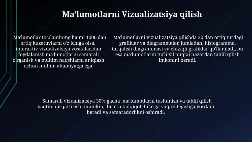 modasi kabi markaziy tendentsiyani aniqlash orqali ma'lumotlar to'plamining xususiyatlarini tavsiflash imkonini beradi. standart deviatsiya va dispersiya kabi tarqalish o'lchovchilari ma'lumotlarning o'rtacha qiymat atrofidagi tarqalish darajasini ko'rsatib, ma'lumotlar to'plamining bir jinsligini baholashga yordam beradi. e'tiboringiz uchun rahmat @taqdimot_robot