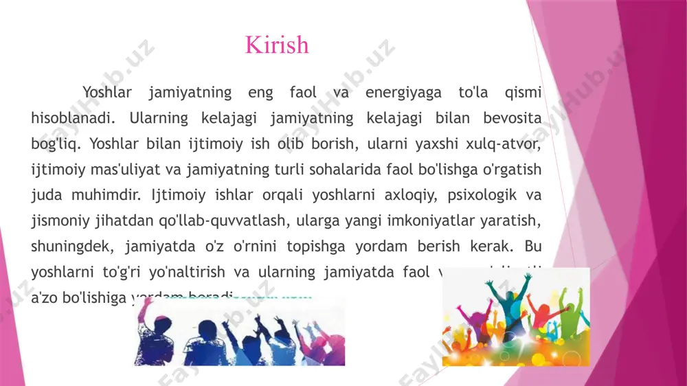 , kasb-hunarni o'rganish va ish qidirishda qo'llab-quvvatlashni maqsad qilgan "yoshlar – kelajakdagi liderlar" loyihasi bu loyiha yoshlarni liderlikka tayyorlashga qaratilgan. "ta'limda tenglik" loyihasi ta'lim olishda teng imkoniyatlar yaratishga qaratilgan loyiha "yoshlar ijtimoiy yordam dasturi" yoshlarni ijtimoiy yordam bilan ta'minlash, ularning salomatligini yaxshilash va muammolarini hal qilishga qaratilgan loyiha. "yoshlarni innovatsiyalar va texnologiyaga yo'naltirish" loyihasi yoshlarni zamonaviy texnologiyalar, it sohalari va innovatsiyalar bilan tanishtirishga qaratilgan loyiha "yoshlarni madaniyatga jalb qilish" loyihasi yoshlarni madaniyat, san'at va sport sohalariga jalb qilishga qaratilgan loyiha. "yoshlarni volontyorlikka jalb qilish" loyihasi yoshlarni ijtimoiy faoliyatga, yordam berishga va volontyorlikka jalb qilishga qaratilgan loyiha. “yoshlar uyi" loyihasi yoshlarni ijtimoiy moslashish, ular uchun uy-joy muammolarini hal qilish va yoshlarni o'zini ijtimoiy jihatdan mustahkamlashga qaratilgan loyiha. yoshlar bilan ijtimoiy ishni amalga oshirishda ushbu va shunga o'xshash loyihalar muhim rol o'ynaydi. ular yoshlarning ijtimoiy holatini yaxshilash, ularni kasb-hunar o'rganish, ijtimoiy va mehnat bozoriga integratsiya qilish, shuningdek, jamiyatda o'z o'rnini topishda ularga …