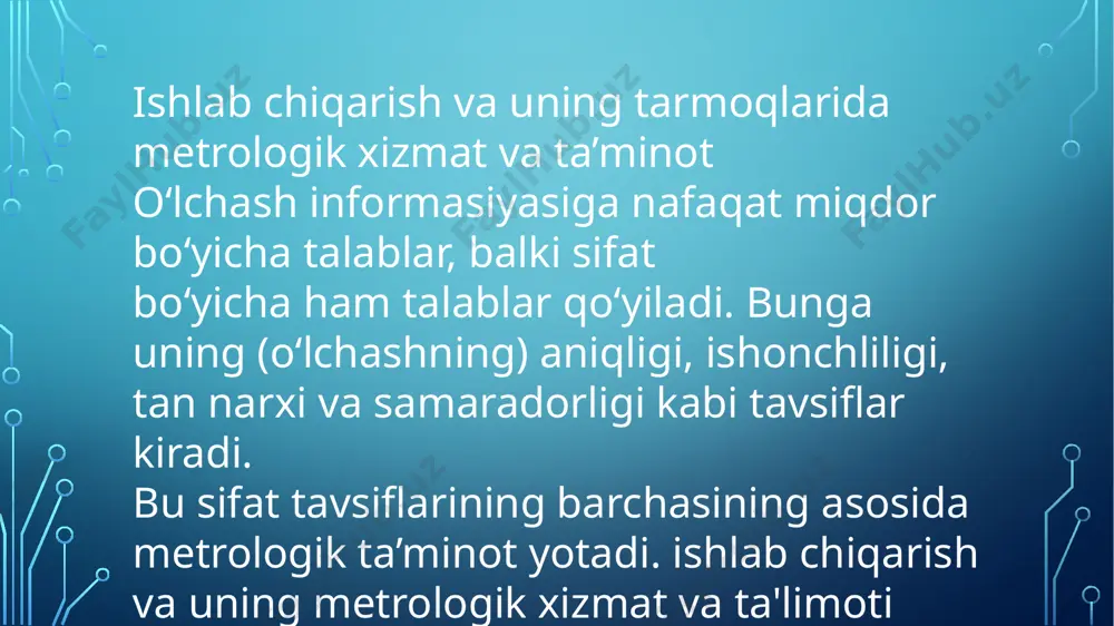zmat ko‘rsatish amalga oshiriladi. metrologik potensialning izchillik bilan oshirilishi muntazam ravishda yangi o‘v qiyoslash, kalibrlash va sinash turlarini o‘zlashtirishga imkon beradi. o‘zbekiston respublikasi “metrologiya to‘g‘risidagi” qonunining 14-moddasiga muvofiq moddiy boyliklarni va energetika resurslarini hisobga olish davlat metrologiya tekshiruvi va nazorati tatbiq etiladigan doiraga kiradi va shu sababdan barcha gaz, sovuq va issiq suv va elektr energiyasini hisobga olish priborlari davlat metrologiya tekshiruvi va nazorati tatbiq etiladigan doiraga kiradi hamda belgilangan qiyoslashlararo intervalga asosan majburiy tekshiruvdan o‘tkazilishi kerak. metrologik ta’minotning vazifasiga quyidagilar kiradi: • o‘lchash vositalarining ishga yaroqliligini tashkil etish, ta’minlash va tadbiq etish; • o‘lchashlarni amalga oshirish, uning natijalarini qayta ishlash va tavsiya etish borasidagi me’yoriy hujjatlarni ishlab chiqish va tadbiq etish; • hujjatlarni ekspertizadan o‘tkazish; • o‘lchash vositalarining davlat sinovlari; • o‘lchash vositalarining va uslublarining metrologik attestatsiyasi va hokazolar. eng qadimgi o‘lchash birliklari – antropometrik. u insonning muayyan a’zolariga muvofiqlikka yoki moyillikka asoslangan holda kelib chiqqan. masalan: ladon – …