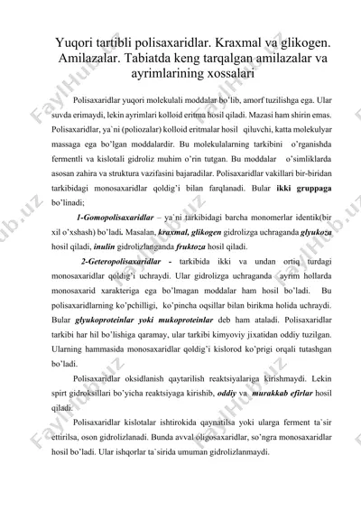 yuqori tartibli polisaxaridlar. kraxmal va glikogen. amilazalar (biokimyo) — DOCX