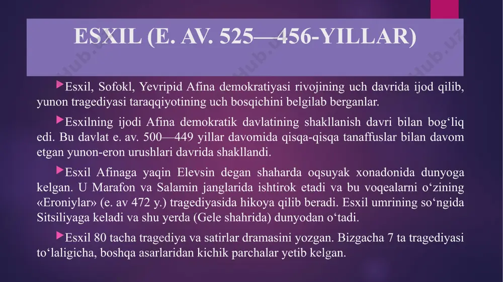 gan. esxilning «eroniylar» (e. av 472-y.) tragediyasi uning ilk asarlari jumlasiga kiradi. bu zamona voqealariga bag‘ishlangan va bizgacha saqlanib qolgan yagona asar hisoblanadi. tragediya jo‘shqin vatanparvarlik tuyg‘ulariga to‘la. esxil yuno­nistonning demokratik tartibi mustabid eron tuzumidan ustun ekanligi va shu bois ellinlar g‘alaba qozonganligini ko‘p martalab takrorlagan. bu fikr atossa bilan chopar orasidagi savol-javobda, ayniqsa, yaxshi ifodalangan. atossaning «kim ekan ularda lashkarga boshchi, hukmdor?» degan savoliga chopar «tiriklarga mute qullar emas, bo‘ysunmas kishilar ular», «elladaning kuchi nimada ekan?» degan savolga «fuqaro jasorati — ularning qal’a-yu qalqoni ekan», deb javob qaytaradi. «zanjirband prometey» (qo‘yilgan vaqti noma’lum) asari esxil ijodida alohida o‘rin tutadi. to‘ng‘ich ma’budlar naslidan bo‘lmish titan prometey haqidagi afsonalar ko‘pgina yunon shoirlari uchun ilhom manbayi bo‘lgan. lekin esxil birinchi bo‘lib prometey obrazini qahramonlik ruhida talqin etgan. zevs insoniyat naslini butkul yo‘q qilib yubormoqchi bo‘lganda, prometey arshi a’lo mehrobidan tangri otashini o‘g‘irlab odamlarga topshiradi. odamzodga u yana imorat-koshonalar qurish, dehqonchilik, yovvoyi hayvonlarni …