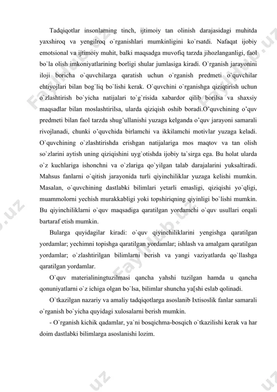 holda mashg’ulotlar tizimlashtiriladi. nazariy va amaliy mashg’ulotning tizimlashtirilishi o’quv materialining mazmunini butunligicha qamrab olishni,bayon etishini,mustahkamlashini va mavzularning ketma-ketligiga mos holda o’rganilishini hamda o’zlashtirish darajasini nazorat qilishni ta’minlaydi. mahsus fanlarni o’rganishda ,ta’lim uslublarini tanlashda o’quvchilar va o’qituvchilar faolligini, mustaqilligini, fikrlashning tezkorligini ta’minlashga mos keladigan uslublarni tanlashda alohida e’tibor beriladi. o’rganish shunday jarayonki,unda o’quvchi tabiiy atrof-muhit bilan munosabatlari va bunda hosil bo’lgan tajriba orqali hulqini o’zgartiradi. o’rganish orqali o’quvchi o’z fikriga, bilim, ko’nikma va mahoratga erishadi. amaliy tadqiqotlar shuni ko’rsatadiki,mahsus fanlarni o’rganishga quyidagi dastlabki vaziyatlar ham ta’sir qiladi: · hatti-harakatlarga reaksiya ta’siri, ya’ni biror harakat bajarilishining murakkabligi; · o’rganishga ishtiyoq, ya’ni aniq tasavvur qilingan o’quv maqsadlariga erishishga intilish; · tashqi turtkilar, ya’ni qiziqishi bo’lmagan o’quvchiga qiziqishini uyg’otish maqsadida o’qituvchi turtki beradi o’rganish sabablari “diqqat” va “idrok” tushunchalari bilan chambarchas boq’liqdir: 1. diqqat. dastavval o’quvchilarning diqqatini o’quv obektlariga jalb etish kerak. 2. idrok. sensorik ta’sirlar orqali (ko’rish,eshitish,hid bilish,maza bilish,tegish,ushlab ko’rish ) o’quvchi qandaydir …