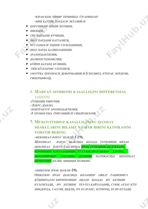 йирингли балғам ажралади. балғам қуюқ, ѐпишқоқ бўлиб, шиллиқ қаватлардан қийин ажралади. -аралаш шакли 75-80%. аралаш формаси кенг тарқалган бўлиб бунда беморда нафас олиш аъзоларининг ҳамда ошқозон ичакнинг зарарланиш белгиларини биргаликда учрашини кўришимиз мумкин. 1. mekoneal ileus bu nima? меконеал илеус шаклида болада туғилиши билан меконеал илеус таъсирида ичак тутилиши белгилари, қориннинг катталашиши, ўт суюқлиги билан қусиш, меконийнинг ушланиб қолиши натижасида меконеал перитонит келиб чиқиши мумкин. 1. mukovitsidoz kasalligini davolash usullari haqida yozing парҳез ѐрдамида юқори калорияли, оқсилга бой овқат, овқатга 5 грамгача қўшимча туз қўшиш, ферментотерапия, антибиотиклар, витаминотерапия, бронхолитиклар, гепатопротекторлар, юракга қувват берувчи дори дармонлар, кинезотерапия: спорт, вибромасаж, постураль дренаж, даволовчи бронхоскопия. 1. ushbu kasalliklarni oldini olish maqsadida qanday profilaktika ishlari olib boorish mumkin? qarindoshlik nikohini oldini olish, oila qurishdan oldin tibbiy genetik maslahatlarga borishshi tavsiya qilish kere. oila qurgandan keyin har tibbiy ko’rikdan o’tip turish kere. homilador qyolmi pitaniyasini to’ri tuzib berish kere. har xil zararli odatlarni oldini olish …