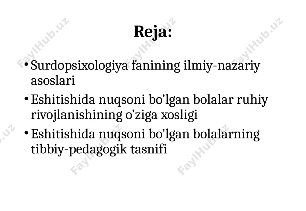 a yo’qotgan nutqi saqlangan bolalar zaif eshituvchilar nutqida ayrim kichik kamchiliklarga ega zaif eshituvchilar nutqiy funksiya rivojlanishida jiddiy kamchiliklar bo’gan zaif eshituvchilar enb bolalarning ruhiy rivojlanish xususiyatlari psixik rivojlanish – murakkab tuzilishga ega bo’lgan, ruhiy jarayonlarning bosqichma-boshqich, ma’lum qonuniyat asosida rivojlanishidir. barcha yoshdagi bolalarning psixik rivojlanishi turlicha kechadi, bu miyaning alohida qismlarining faol yetilish jarayonlarining turlicha bo’lishi bilan bog’liq. eshitish analizatorining birlamchi nuqsoni u bilan chambarchas bog'liq bo'lgan funksiyalarning rivojlanmasligiga, shuningdek, bilvosita eshitish bilan bog'liq bir qator boshqa funksiyalar rivojlanishining sekinlashishiga olib keladi. alohida psixik funksiyalarning rivojlanishidagi buzilishlar, o'z navbatida, kar yoki zaif eshituvchi bolaning me’yorda aqliy jihatdan rivojlanishiga to'sqinlik qiladi. i.m.solovyov enb bolalar psixik rivojlanishiga xos 2 ta qonuniyatini ajratib ko’rsatadi: eshitish qobiliyati buzilgan bolada psixikaning tarkibiy qismlari normal eshituvchi bolalarga nisbatan turli nisbatlarda rivojlanishi, masalan, ko’rgazmali-obrazli va so’z mantiq tafakkurining rivojlanishida nomutanosiblik mavjud; ikkala shaklda ham yozma nutq — o’qish hamda yozish og'zaki nutqga nisbatan katta rol o'ynaydi; …