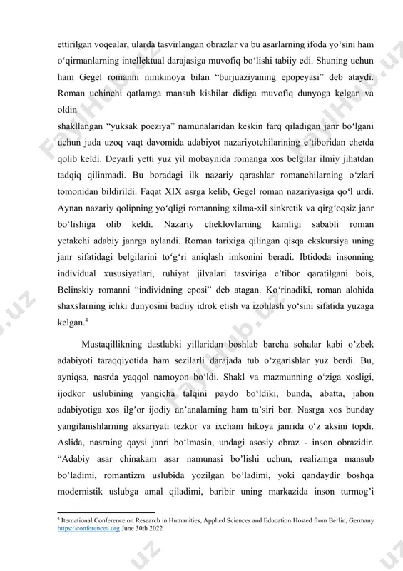 tushunarsizligidan tashqari, qahramonlari ham mutlaqo begona edi. holbuki, bu davrga kelib uchinchi qatlam ham son jihatidan, ham iqtisodiy mavqeiga koʻra katta kuchga ega edi. agar insoniyat tarixining shu davriga qadar badiiy asarlar neʼmatlarga egalik qiluvchi va taqsimlovchilarning didlariga muvofiq yaratilgan boʻlsa, xii asrdan eʼtiboran ishlab chiqaruvchilarning didlariga mos asarlar ham yaratiladigan boʻldi. mehnat bilan kun koʻradigan oddiy odamlarning estetik ehtiyoji natijasi oʻlaroq paydo boʻlgan romanlarda aks ettirilgan voqealar, ularda tasvirlangan obrazlar va bu asarlarning ifoda yoʻsini ham oʻqirmanlarning intellektual darajasiga muvofiq boʻlishi tabiiy edi. shuning uchun ham gegel romanni nimkinoya bilan “burjuaziyaning epopeyasi” deb ataydi. roman uchinchi qatlamga mansub kishilar didiga muvofiq dunyoga kelgan va oldin shakllangan “yuksak poeziya” namunalaridan keskin farq qiladigan janr boʻlgani uchun juda uzoq vaqt davomida adabiyot nazariyotchilarining eʼtiboridan chetda qolib keldi. deyarli yetti yuz yil mobaynida romanga xos belgilar ilmiy jihatdan tadqiq qilinmadi. bu boradagi ilk nazariy qarashlar romanchilarning oʻzlari tomonidan bildirildi. faqat xix asrga …