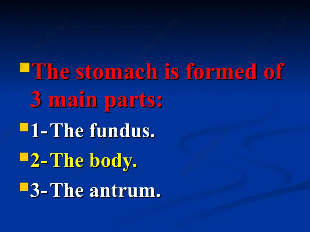 entry in the stomach. 3- certain emotions. 4- hypoglycemia. 5- i.v injection of certain amino acids. b- factors that inhibit gastric secretion 1- reduction of the ph in the pyloric antrum below 2. 2- duodenal distension and presence of excess acids, fat, irritant substances or hypertonic fluids. 3- certain emotions. the gastric juice the gastric glands secrete about 2.5 liters of gastric juice daily. ph: strong acidic (1-2). water: 99 %. inorganic ions. enzymes. intrinsic factor. mucus: functions of hcl: 1- it activates pepsinogens into pepsins. 2- it kills most ingested bacteria. 3- it stimulates bile flow and pancreatic secretion. 4- regulation of gastric emptying. 5- it helps absorption of: - iron. - ca++. control of hcl secretion: 1- inhibitory factors: certain gastrointestinal hormones. the enterogastric reflex. prostaglandins. 2- stimulatory factors: acetylcholine. histamine. gastrin. mechanism of protection of the gastric mucosa: 1- the nature of the mucosal-cell membrane and tight …