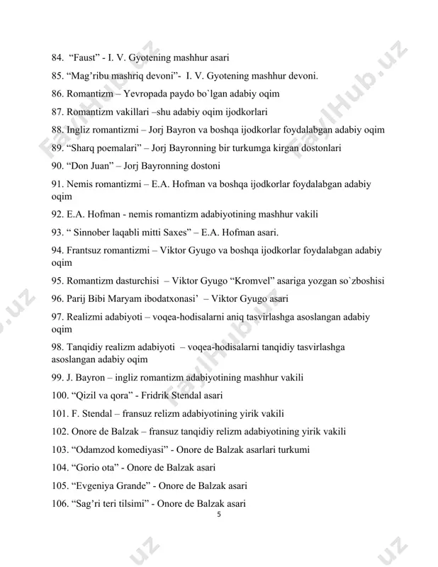 dabiyot 119. gi de mopassan - xix asr frantsuz tanqadiy realizm adabiyoti yirik vakili 120. gi de mopassan novella - gi de mopassan eng ko`p ijod qilgan hikoyaga o`xshash janr 121. “hayot” - gi de mopassan romani 122. “аzizim” - gi de mopassan romani 123. xx asr ingliz adabiyoti – turli tuman mavzu va oqimlarga boy adabiyot 124. b shou - xx asr ingliz adabiyotining vakili 125. “pigmalion” - b shou asari 126. xx asr аqsh adabiyoti – turli tuman mavzu va oqimlarga boy adabiyot 127. mark tven - xx asr аqsh adabiyotining yirik vakili 128. “tom soyyor” - mark tven asari 129. jek london - xx asr аqsh adabiyotining mashhur vakili 130. “shimol hikoyalari” - jek london asari 131. “martin iden” - jek london asari 132. e. xeminguey - xx asr аqsh adabiyotining mashhur vakili 133. “chol va dengiz” - e. xeminguey asari. 134. t. drayzer - xx asr …