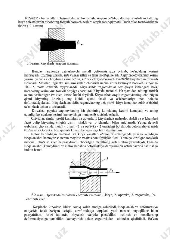 orlash uchun ishlatilgan. uzoq o‘tmishdagi eng oddiy asboblarida, tortishish kuchi to‘g‘ridan-to‘g‘ri inson qo‘llarining mushaklari orqali amalga oshirilgan. keyinchalik, bu usul chayqaladigan o‘rindiqli (belanchak kabi) kiryalash asboblaridan foydalanish tufayli biroz yaxshilandi. temir sim ishlab chiqarishni rivojlantirish yangi asbob- uskunalarning yaratilishiga yordam berdi. yaratilgan dastgohlar richagli qisqichlar bo‘lib, qalin bolg‘alangan zagotovkalarni tortish uchun imkoniyati tug‘ildi. metallarni kiryalash bo‘yicha birinchi muhim texnik inqilob germaniyada tahminan 1390- yilda yuz berib, bunda suv energiyasidan foydalangan holda cho‘zishni tebranma usulida amalga oshirish ishlari boshlandi. bu jarayonda qisqich eksentrik xarkatida ishchi g‘ildirak o‘qiga uzatilgan. xix-asrga kelib, birinchi 2 dan 4 tagacha barabanli- ko‘p barabanli stanlarda, ularni xarakati gidravlik motor bilan aylantirildi. 1820 yilga kelib telegraf ixtiro qilinganidan so‘ng, telegraf liniyalarini tortish uchun juda ko‘p mis simlar talab qilindi. 1962 yilga kelib angliyada po‘lat sim zagotovkalarni uzluksiz ishlab chiqarishga moslangan ko‘p kletkali prokatlash stanlari qurildi. kiryalashni bunday stanlardan foydalanib olib borish o‘tishlar sonini kamaytirib, stanlar zapravkasi vaktini tejashga …