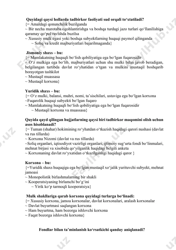 peratsiyaning birlamchi bо‘g‘ini ~ yirik kо‘p tarmoqli kooperatsiya} mulk shakllariga qarab korxona quyidagi turlarga bо‘linadi: {= xususiy korxona, jamoa korxonalar, davlat korxonalari, aralash korxonalar ~ davlat buyurtmasi saqlangan korxona ~ ham buyurtma, ham bozorga ishlovchi korxona ~ faqat bozorga ishlovchi korxona} fondlar bilan ta’minlanish ko‘rsatkichi qanday aniqlanadi? {=asosiy ishlab chiqarish fondlari qiymatini qishloq xo‘jaligiga yaroqli xaydaladigan yerlar maydoniga nisbati. ~asosiy ishlab chiqarish fondlari qiymatini o‘rtacha yillik xodimlar soniga nisbati. ~qishloq xo‘jaligiga yaroqli yoki haydaladigan yerlar maydonini asosiy ishlab chiqarish vositalari qiymatiga nisbati. ~o‘rtacha yillik asosiy va aylanma vositalar qiymatini qishloq xo‘jaligiga yaroqli yerlar maydoniga nisbati} ishlab chiqarish fondlaridan foydalanish samaradorligini ko‘rsatkichlari qaysilar {=foyda meyori. ~fond qaytimi. ~fond bilan qurollanish. ~fond sig‘imi} korxonaning asosiy fondlar bilan ta’minlanganligini aniqlash? {=bir kishiga to’g’ri keladigan fondlar qiymati ~asosiy vositalar qiymatini qishloq xo‘jaligi yerlariga taqsimlab ~1ga yerga to’g’ri keladigan ximiyaviy vositalarni asosiy vositalarga nisbati ~1ga yerga to’g’ri keladigan ximiyaviy vositalar qiymati} asosiy vositalarni eskirishi necha …