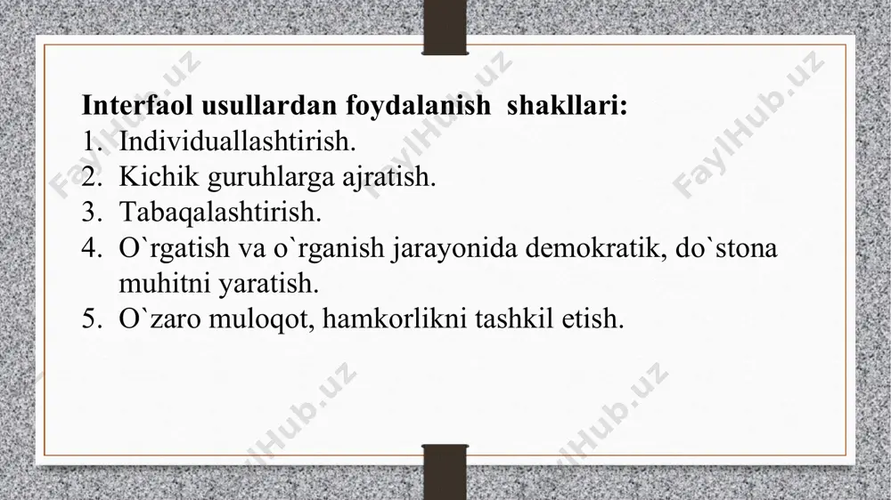 siy kalit so‘z - xarita): yangi mavzu tushuntirilib, ushbu mavzuni mustahkamlash uchun topshiriqlar bajarilgandan so‘ng dars boshida qo‘yilgan maqsadga erishilganligi borasida qisqacha suhbat amalga oshiriladi. undan so‘ng “geografik topishmoq vaqti” o‘tkaziladi. harakatsiz barqaror, yerda ikki nuqta bor. (…..) 2. yer sharini qoq ikkiga bo‘laman, parallelga men parallel bo‘laman. (….) 3. ekvatordan arktikaga, yo‘l oldi do‘sting g‘ani. qaysi kenglik tomon borar, shu g‘ani aytgin qani? (….) yerning shakli modeli, cho’zinchoqmas dumaloq. (…) palaxsa muz suvda suzar, muztog’ bo’lib suzib yurar. (…) uning bag’ridadir hatto suv qobiq, yuzin silab turar ham havo qobiq, tabiat bergandir qattiq fazilat, qa’ri boyliklarga limmo lim qat qat. (…) u shunday ko’l, faunasi mo’l.bir qism suv chuchuk, qolganichi sho’r. (…) bir o’zanli yo’l bosar, oqib-oqib ko’l bo’lar.(...) uch tomonim suv erur quruqlik bir yonimda. orolga o’xshashroqman, ham “orol’’ bor nomimda. (…) bir nomda sharshara, cho’l, shahar, orol, daryo, ko’l. (…) yog’inlardan to’ladi, yog’och ortsang bo’ladi.( …) “asalari …
