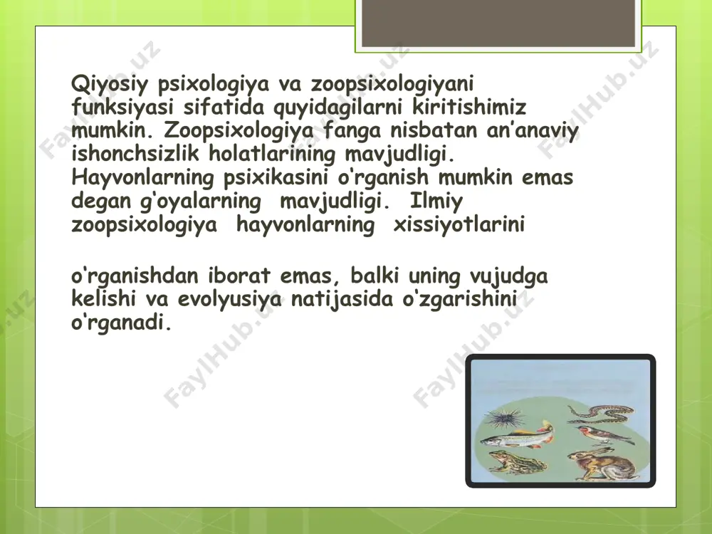 ruhlar orasidagi psixologik farqlarni o'rganadi va turli jamiyatlarda insonlarning psixologik reaktsiyalarini taqqoslaydi. zopsixologiya biologik va evolyutsion jihatlar bilan bog'liq bo'lsa, qiyosiy psixologiya inson psixologiyasining ijtimoiy va madaniy omillar tomonidan shakllanishini o'rganadi. har ikkala soha o'zining maxsus yondoshuvi orqali inson psixologiyasining turli aspektlarini keng qamrovli o'rganishga yordam beradi. shuning uchun, bu ikki yo'nalish bir-birini to'ldiradi va inson psixikasini chuqurroq tushunishga imkon yaratadi. zopsixologiya va qiyosiy psixologiya inson xulq-atvorini o'rganishning ikki turli, ammo bir-birini to'ldiruvchi yo'nalishlaridir. zopsixologiya biologik va evolyutsion omillarga asoslanib inson psixikasining tabiiy asoslarini aniqlashga harakat qilsa, qiyosiy psixologiya madaniy va ijtimoiy omillarni hisobga olgan holda psixologiyaning global va madaniy jihatlarini o'rganadi. har ikkala soha, inson psixikasining turli aspektlarini o'rganish va tushunishda muhim ahamiyatga ega. image2.jpeg image3.jpg image4.jpg image5.jpg image6.jpg image7.jpg /docprops/thumbnail.jpeg