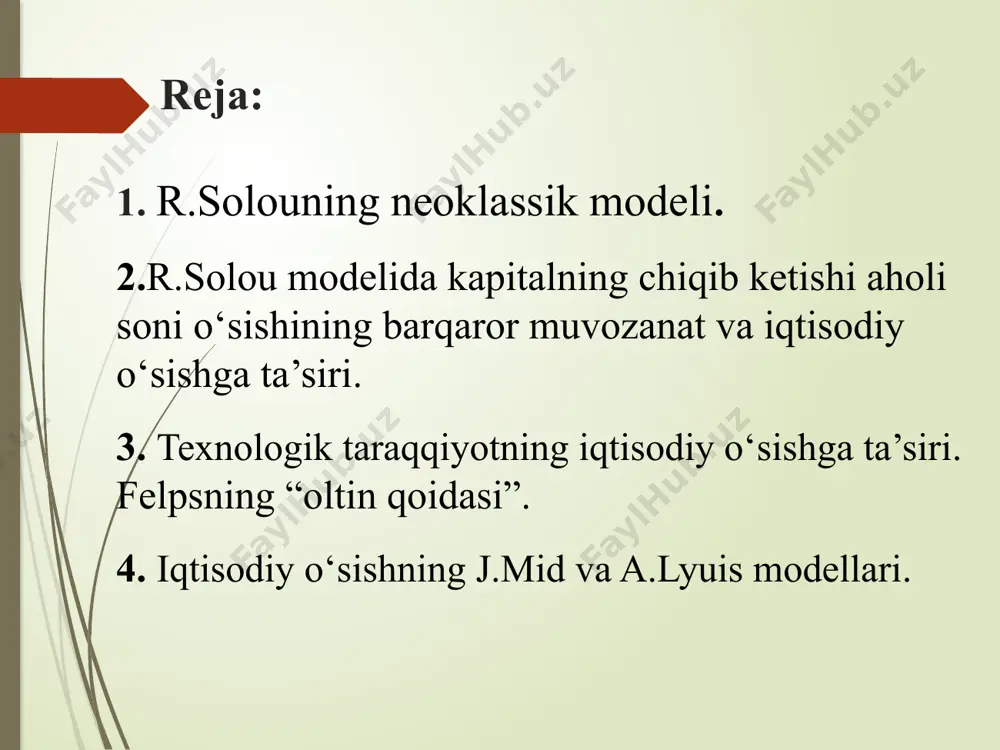 qtisodiy o’sishning bir omiliga-kapital jamg’arishga (investitsiyalarnining qo’shimcha o’sishiga) qaratishdi. boshqa omillar (ayniqsa texnik taraqqiyot bilan bog’liq bo’lgan holatlar, ya’ni ishchi kuchining ma’lumot darajasi va malakasining o’sishi, ishlab chiqarishni tashkil etishning yaxshilanishi hamda boshqalar) ular e’tiboridan chetda qoldi. neoklassiklar bo’sh turgan ishlab chiqarish quvvatlaridan foydalanish uchun yangi ishchi kuchini jalb qilish hisobiga ham ishlab chiqarishning qo’shimcha o’sishini ta’minlash mumkin deb hisobladilar; noeklassik maktab nazariyotchilari iqtisodiy o’sishning neokeynscha nazariyalarini uch jihat bo’yicha tanqid qildilar ikkinchidan, neokeynschilar ishlab chiqarishning kapital talabchanligi koeffitsenti-s (s= i / δ y)ni o’zgarmas deb qaradilar. neoklassik modellar esa ikki ishlab chiqarish omilini (kapital va mehnatni) hisobga olgan holda va ularning o’zaro bir-birini almashtirishini (substitut ekanligini) ko’zda tutib bu koeffitsent o’zgarishi mumkinligini nazarda tutadilar. bundan esa, ishlab chiqarishning berilgan texnik qurollanishi darajasida, belgilangan ishlab chiqarish hajmiga resurslarning turli kombinatsiyalarini qo’llab erishish mumkin degan xulosa chiqadi; noeklassik maktab nazariyotchilari iqtisodiy o’sishning neokeynscha nazariyalarini uch jihat bo’yicha tanqid qildilar uchinchidan, neokeynschilar …