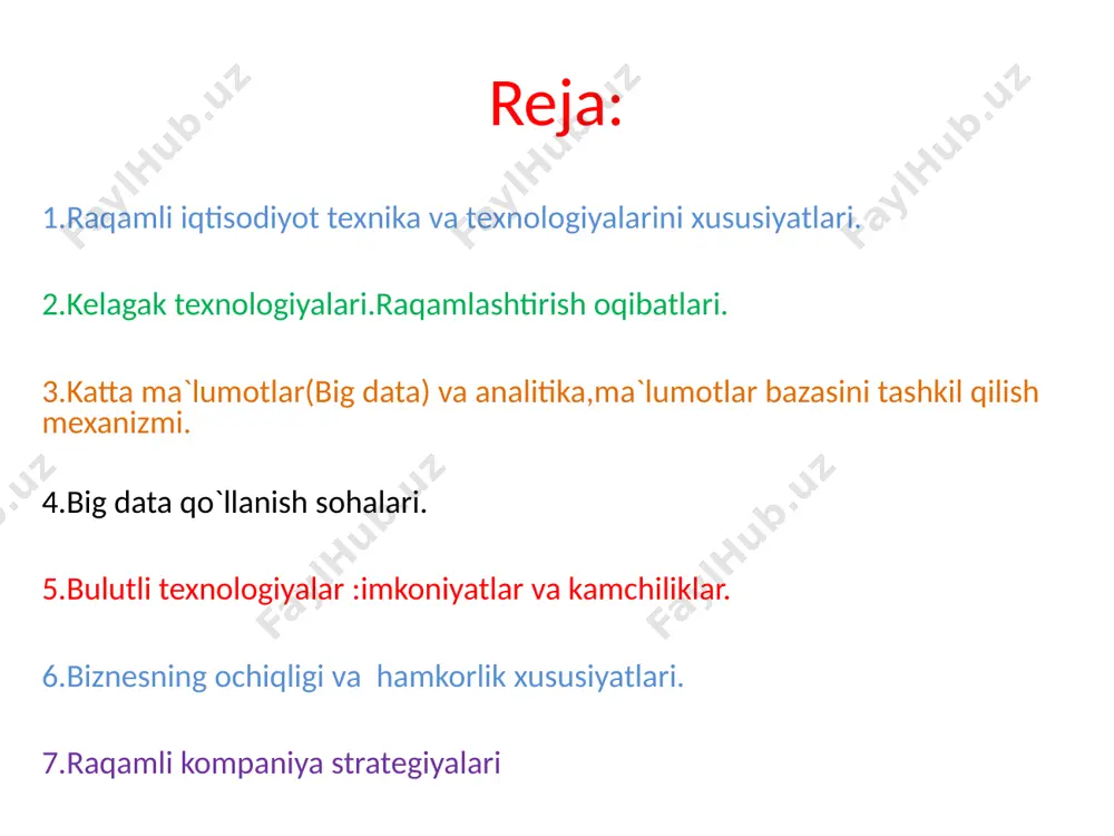 ositalari ham, tibbiyot ham, bank ishi ham, shuningdek, qurilmalar tizimi, har kuni qabul qilinadigan koʼp sonli axborotlar natijalari ham, masalan, astronomik kuzatuvlar, metrologik maʼlumotlar va yerni tadqiq qilish qurilmalaridan olingan metrologik maʼlumot va axborotlar boʼlishi mumkin. yer sharining har bir nuqtasida oʼz mijozlariga ega jahonga mashhur kompaniyalar («facebook», «google» va ibm kabi ijtimoiy gigantlar, shuningdek, «master card», visa va «bank of america» kabi moliyaviy tuzilmalar) ulardan foydalangandan soʼng «big data» texnologiyasini zamonaviy dunyo bozoriga faol tatbiq etish boshlandi masalan, ibm pul oʼtkazmalari operatsiyalarida salmoqi maʼlumot uslubidan foydalanadi. mazkur uslub yordami bilan oʼtkazmalardagi 15 foizdan ortiq qalbaki bitimlar (tovlamachilik) aniqlangan, himoyalangan pul mablagʼlari esa 60 foizga oshgan. visa компанияси ҳам у ёки бу операцияда фирибгарликларни кузатиб бориш учун «big datа» технологиясидан фойдаланади. натижада улар ҳар йили 2 млрд.дан ортиқ ақш долларини сақлаб қолмоқда. mavzu:bulutli texnologiyalar 5.bulutli texnologiyalar :imkoniyatlar va kamchiliklar. bulutli texnologiyalar - bu internet-foydalanuvchiga internet-xizmat sifatida kompyuter resurslari taqdim etiladigan …